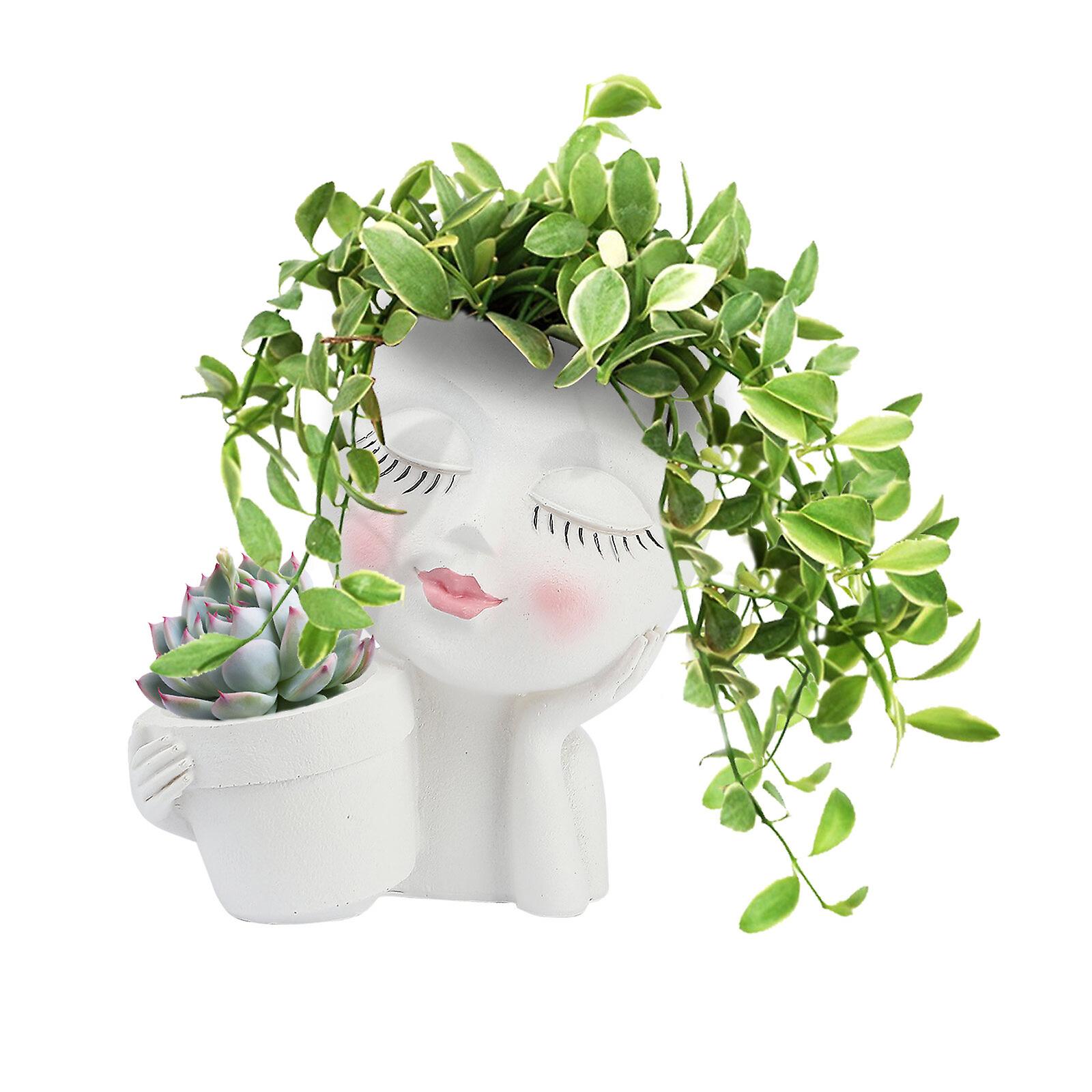 אדנית בובה מצוירת, עציץ פרחי שרף כפול בעיניים עצומות, פסל דמות מקסים לגינון ועיצוב הבית