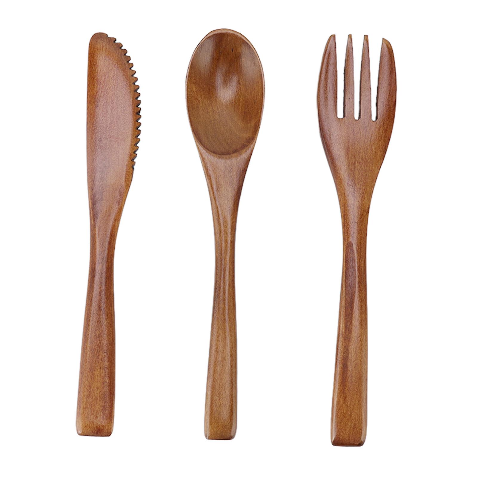 3 Pcs Wooden Knife Fork Spoon Set Reusable Straight Handle Phoebe Wooden Dinner Utensil Kit for Home Use