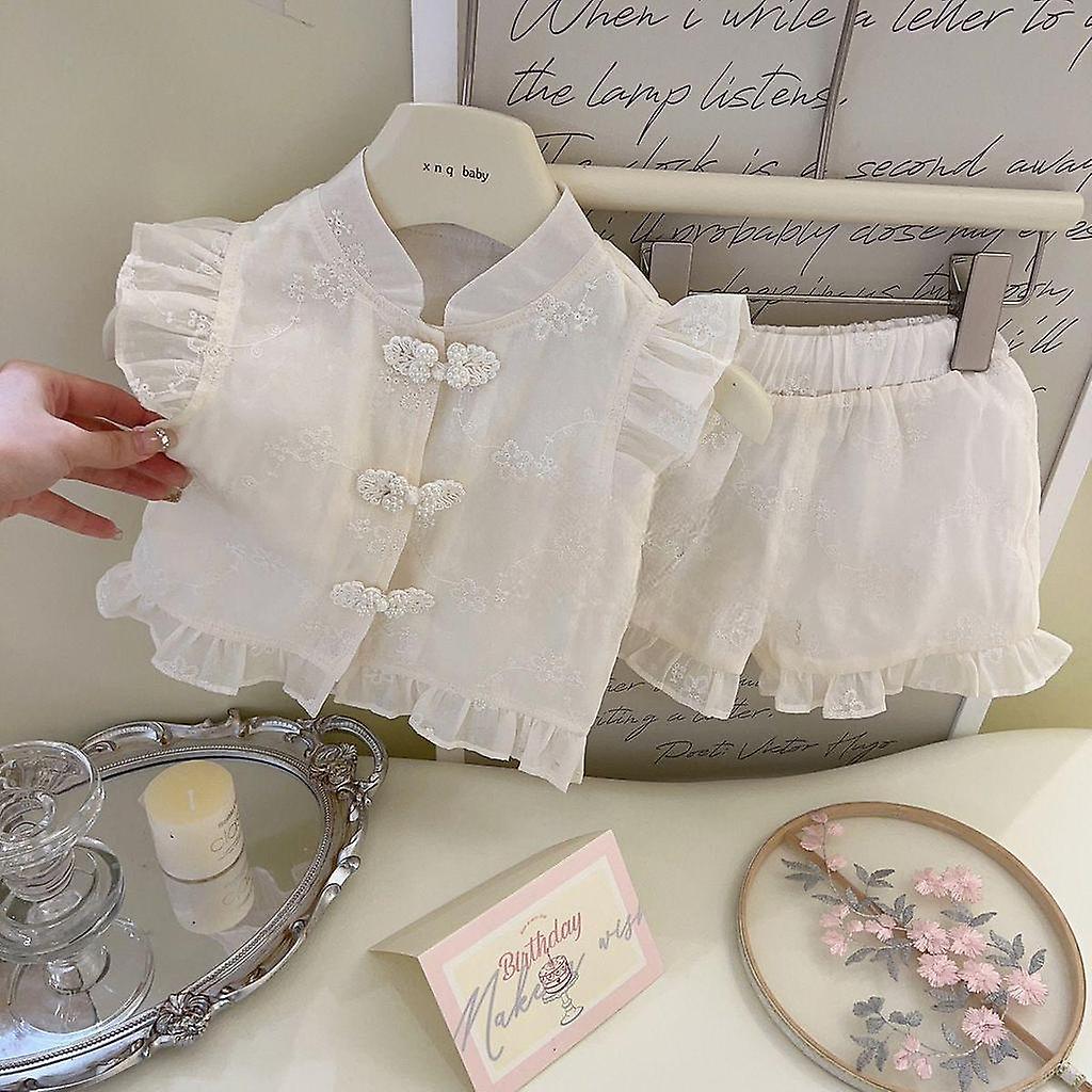 1 Set Chinese Style Girl's Suit, Summer Refreshing Baby, Stand-up Collar, Plate Buckle, Embroidery, Sleeveless, Top Shorts Two-piece Set