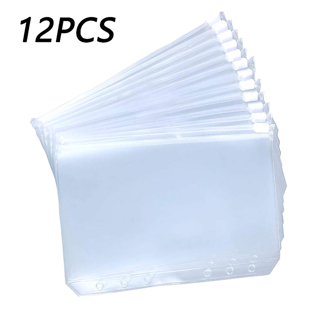 12PCS Zipper Pockets for 6-Ring Binders, Transparent PVC Loose Leaf Bags for Documents and Cards, A5 A6 A7 Sizes