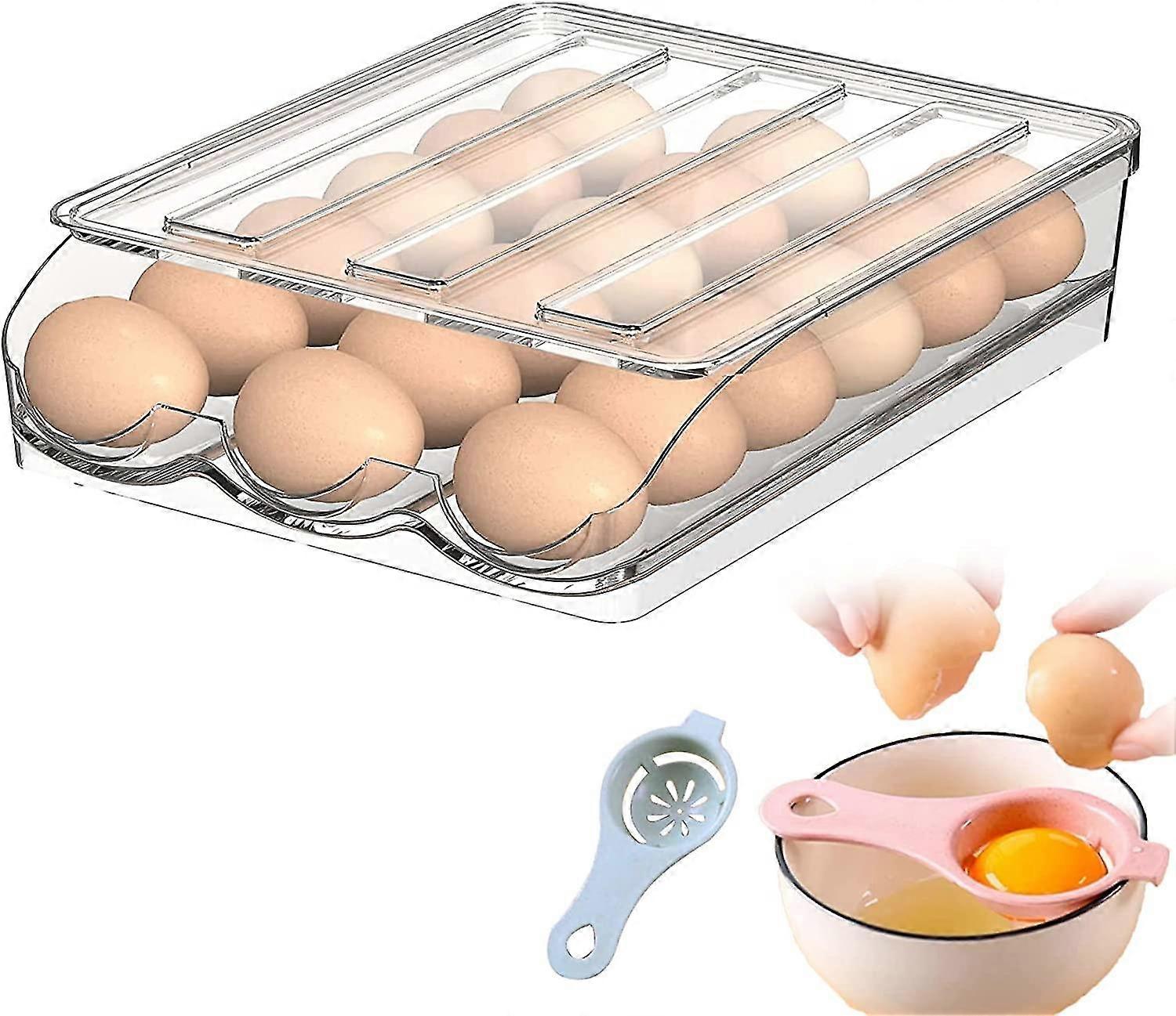 Large Capacity Egg Holder For Refrigerator,18 Count Egg Storage Container For Refrigerator,clear Plastic Automatic Rolling Egg Tray With Lid For Kitch