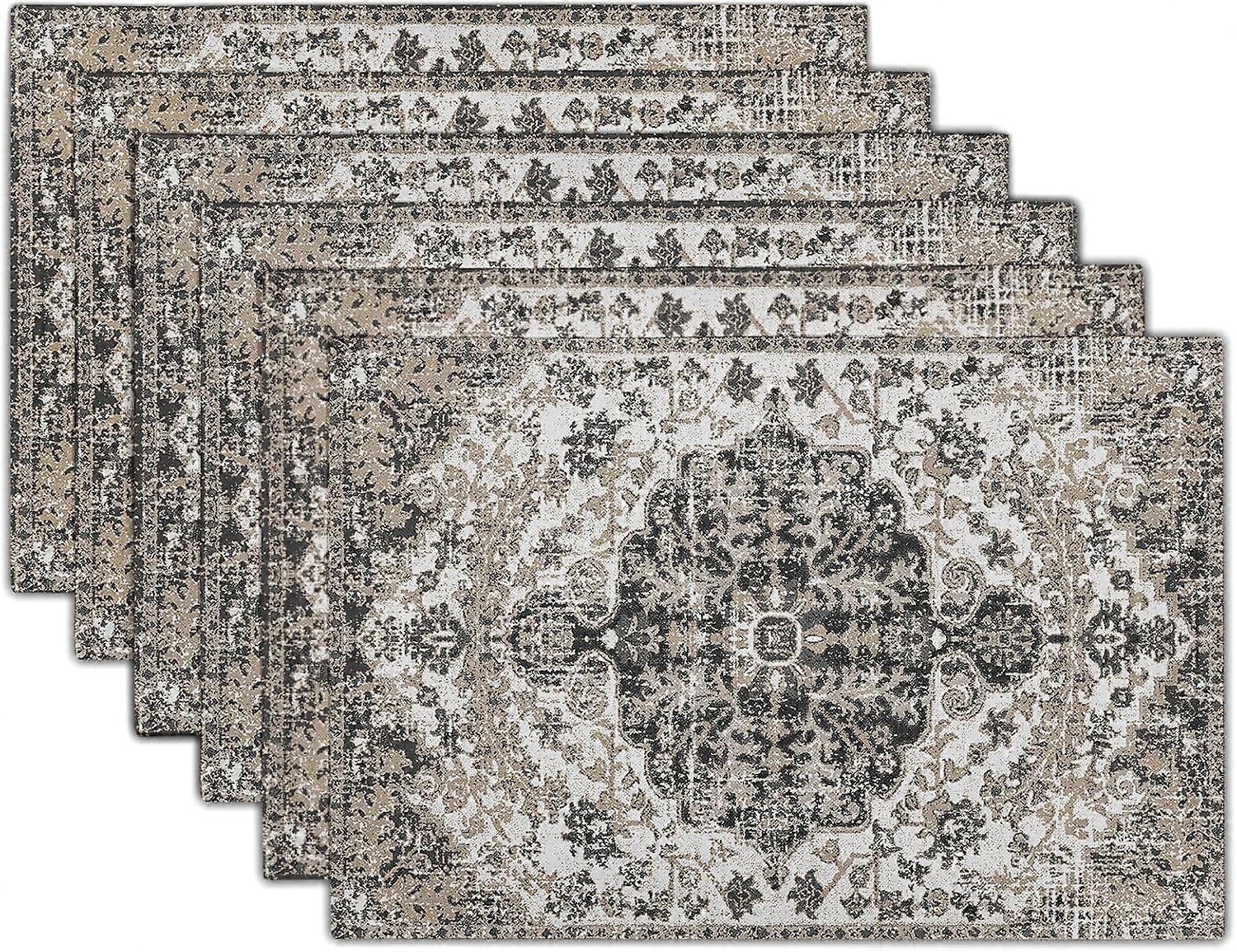 Black Grey Boho Placemats Set of 6 Bohemian Carpet Vintage Gray Floral Linen Washable Kitchen Dining Southwestern Table Mats Stain Heat-Resistant Desk