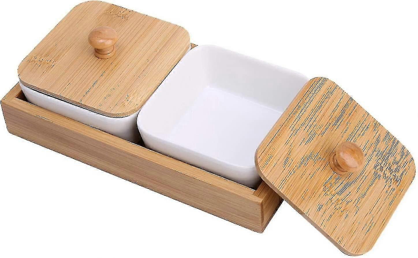أطباق تقديم مقسمة من السيراميك ، صينية بهارات سيراميك مع أغطية وطبق من الخيزران ، 2 AP قابل للإزالة