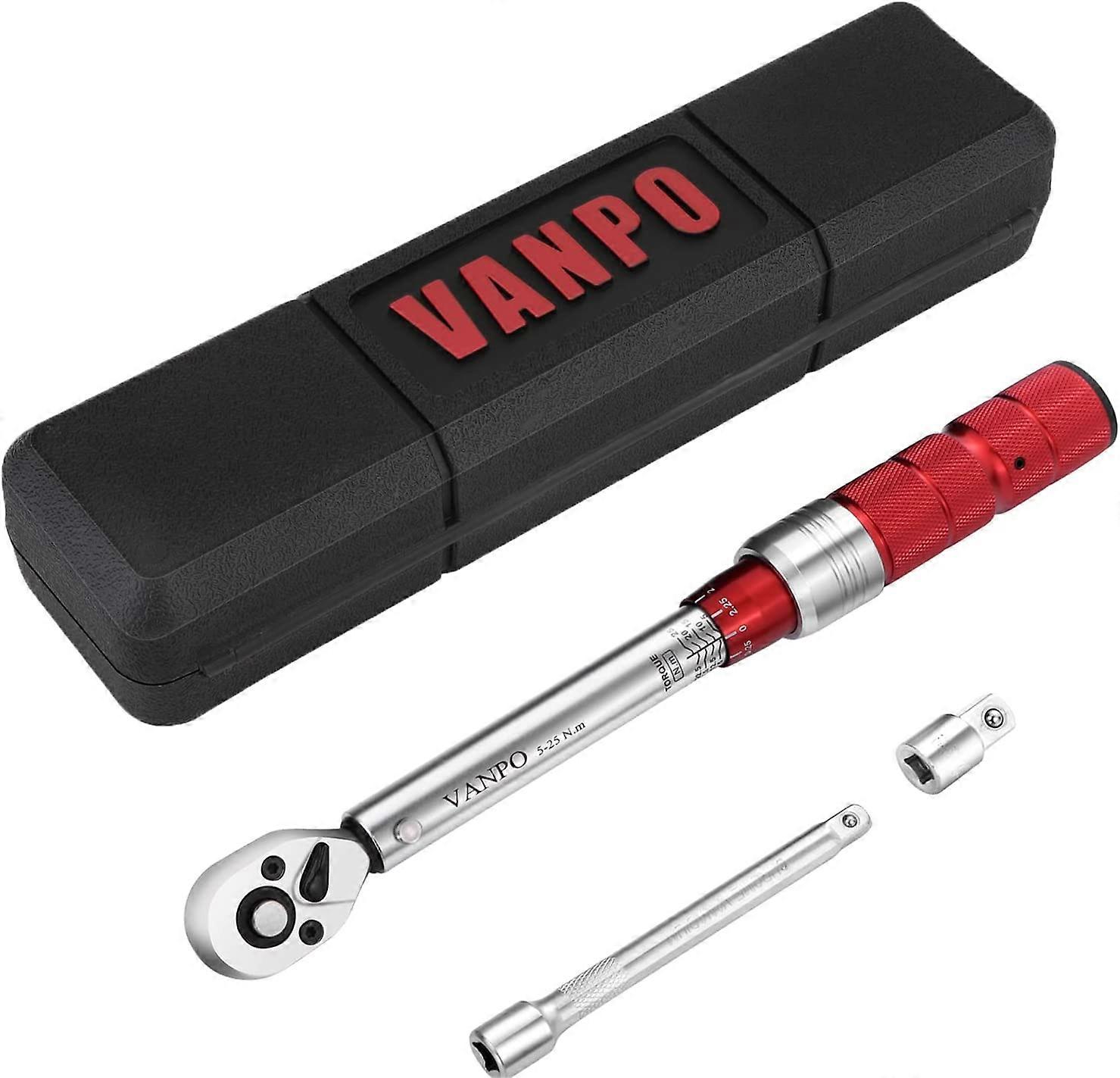 Torque Wrench 1/4", Torsion Wrench 5-25 Nm, Accuracy 3% With Quick Release Button, Reversible Ratchet Head, Extension Bar, 3/8" Adapter For Road And
