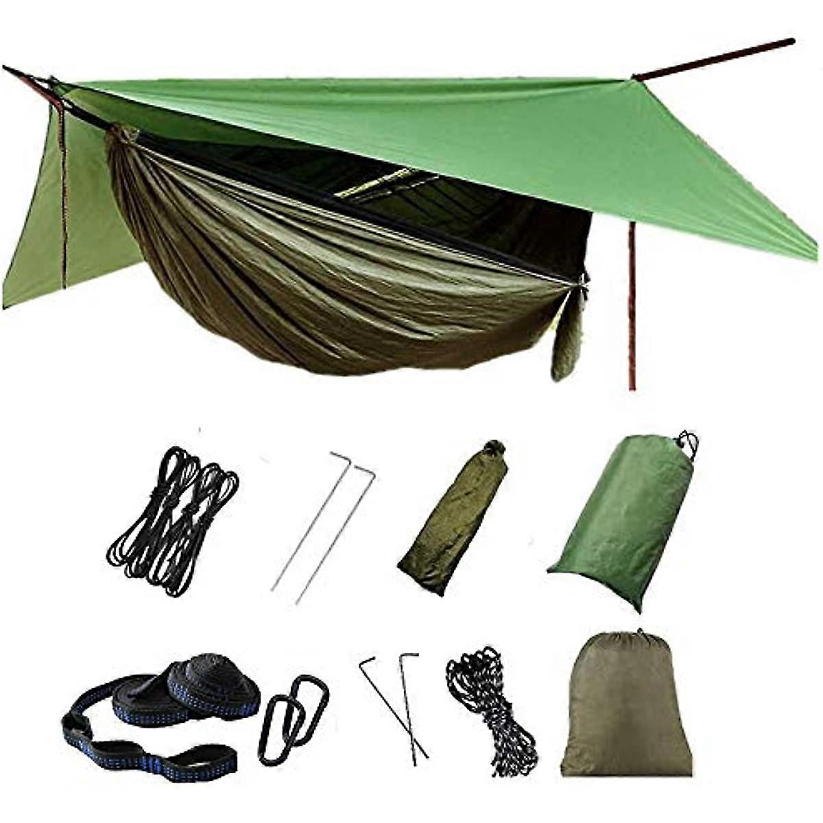 Camping Hammock with Rain Fly Tarp and Mosquito Net Tent Tree Straps  Portable Single Double Nylon Parachute Hammock Rainfly Set for Garden Beach Trav