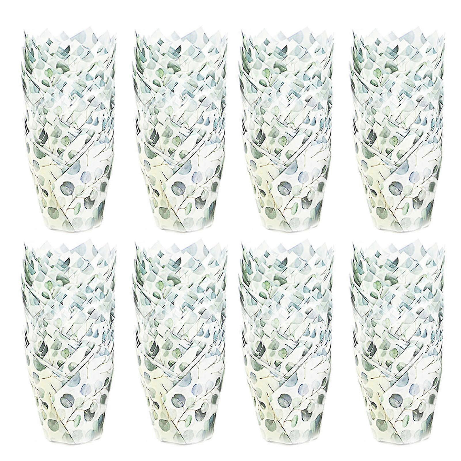 200Pcs κύπελλα κέικ τουλίπας φύλλων ανθεκτικά στη θερμότητα χαριτωμένα περιτυλίγματα Cupcake σχεδίου ευκαλύπτου πράσινα περιτυλίγματα cupcake