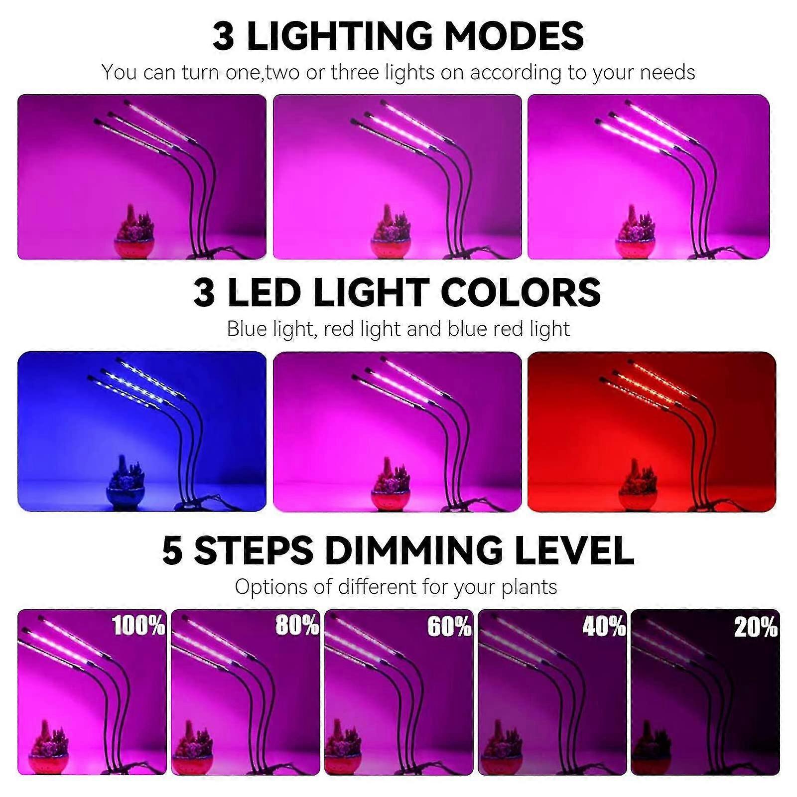 30w Led Grow Light,plant Lamp With 3 Adjustable Gooseneck Heads Full Spectrum Growing Bulb