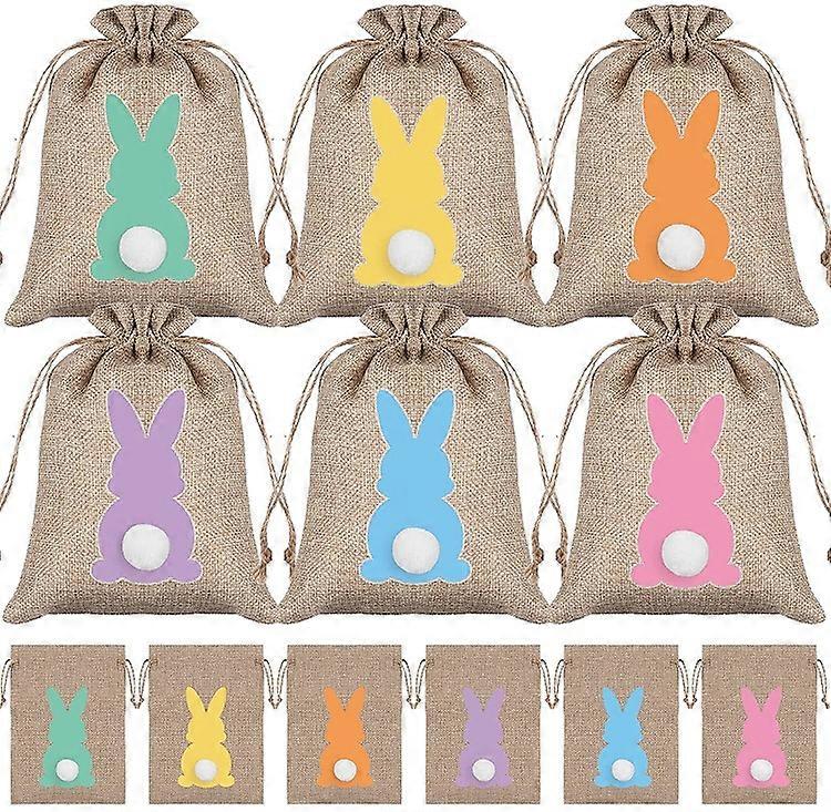 24pcs Storage Bag Egg Candy Packaging Gift Bag Linen Drawstring Decoration Cute Rabbit