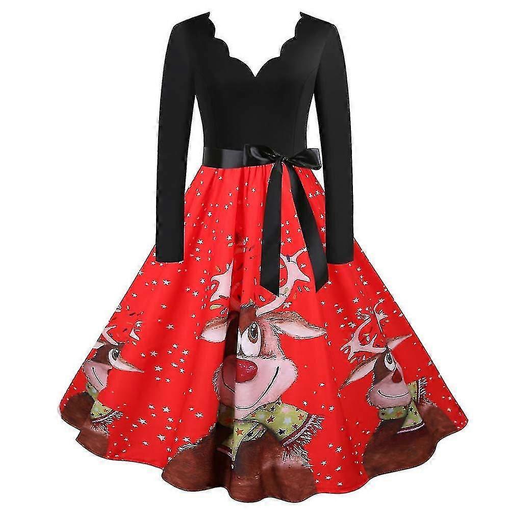 Christmas Vintage Long Sleeve Swing Flare Party Midi Dress 50s Snowflake Xmas