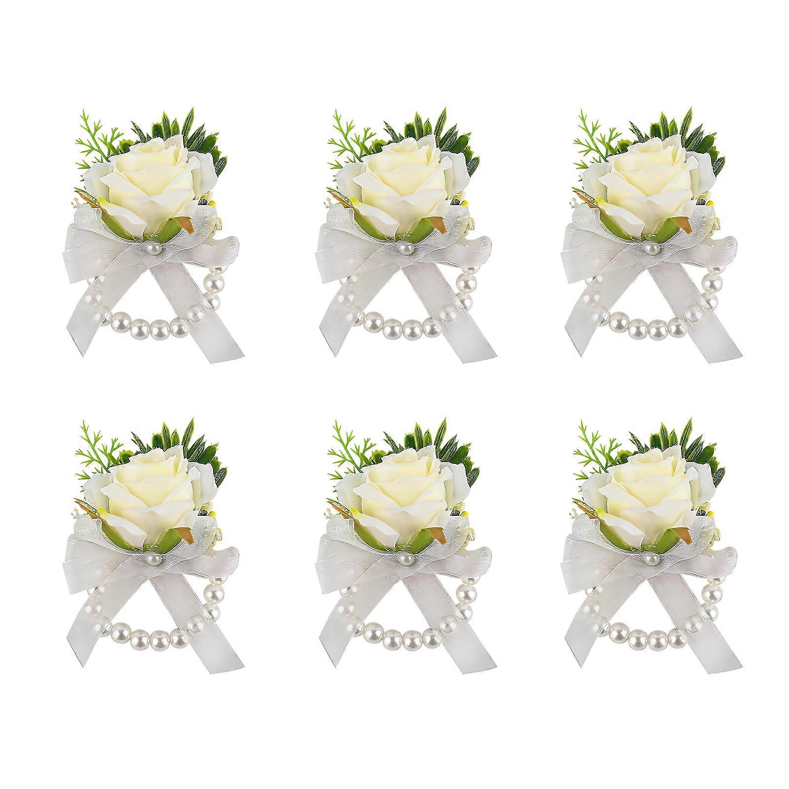 Eleganti corpetti da sposa e fiori all'occhiello con rose bianche e perle (set di 6)