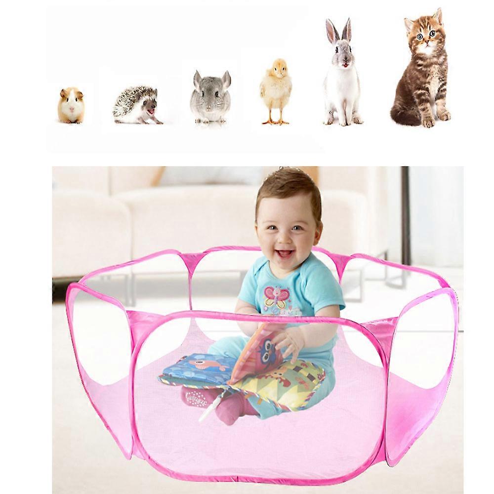 1PCS (Pink) Child, Small Animal Playpen, Foldable Pet Playpen with Zipper, Cages Tent Breathable Transparent Exercise Fence for Dog, Cat, Rabbit