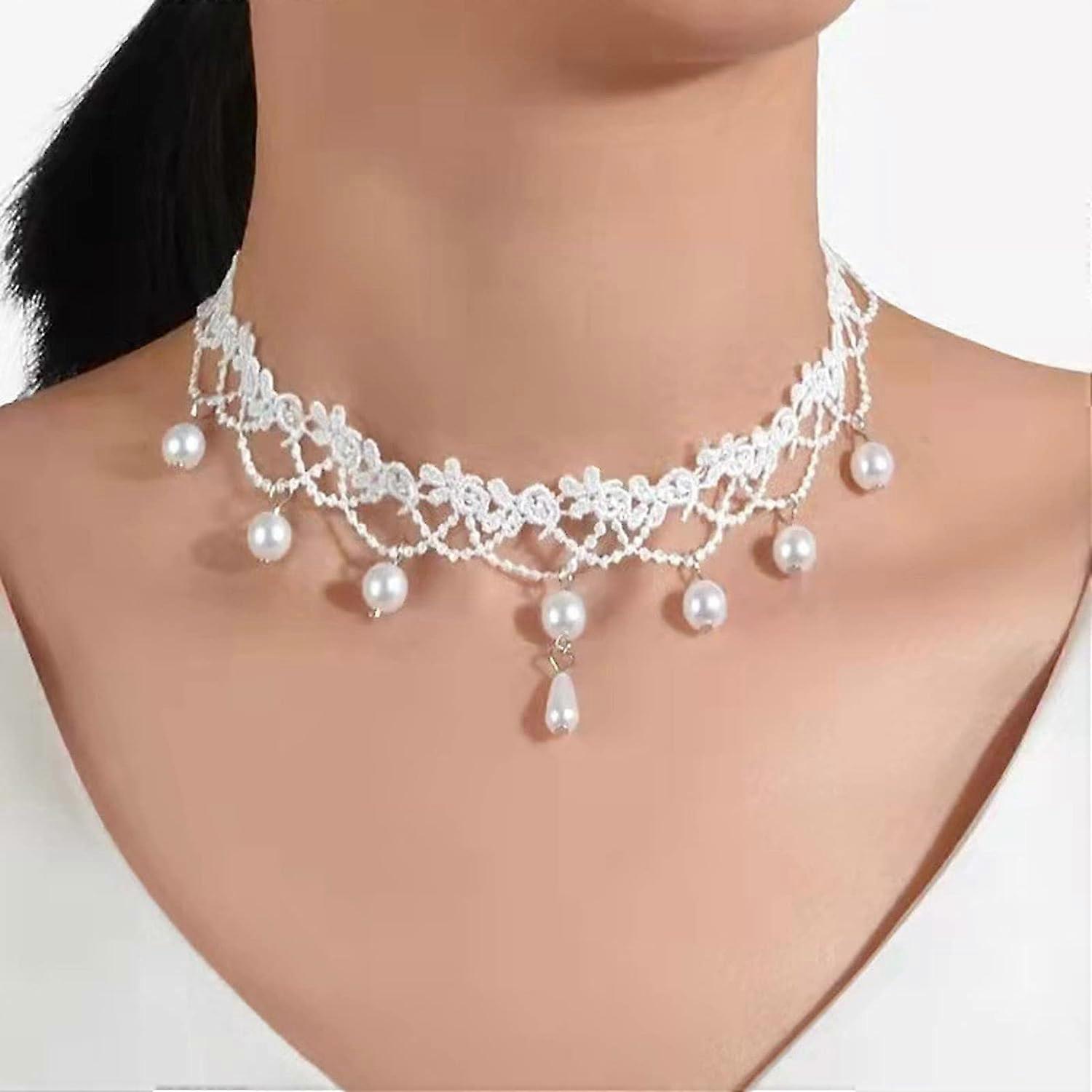 50cm Pearl Lace Necklace Boho Choker Necklace White Lace Bead Pendant  Necklace Vintage Flower Lace Necklace Chain Jewelry For Women And Girls