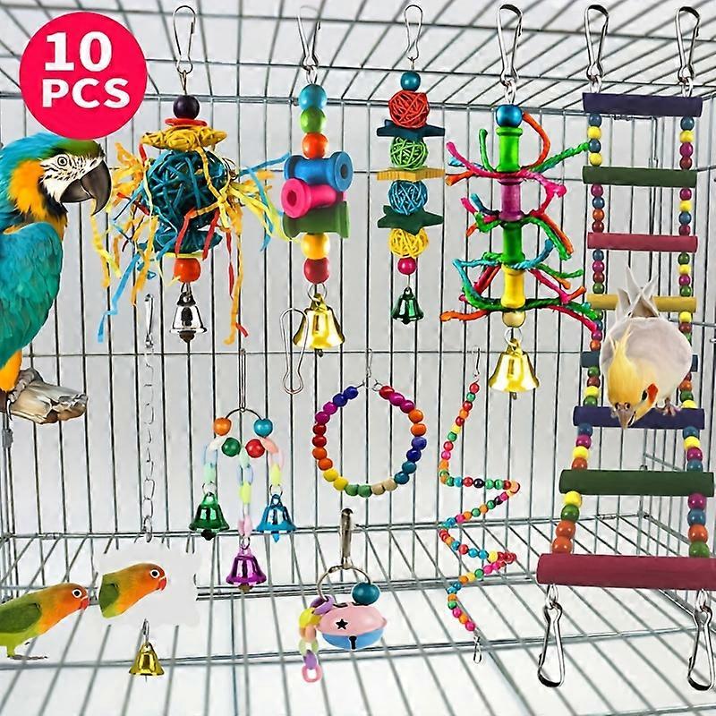 10-Piece Colorful Bird Entertainment Kit: Durable Swing, Ladder & Chew Toys with Easy-Hang Brackets for Healthy, Stimulated Parrots