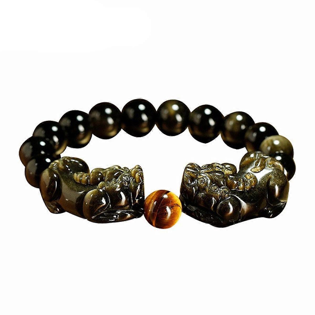 Natural Golden Light Obsidian Yellow Tiger's Eye Pi Xiu Beaded Bangle Crystal Jewelry