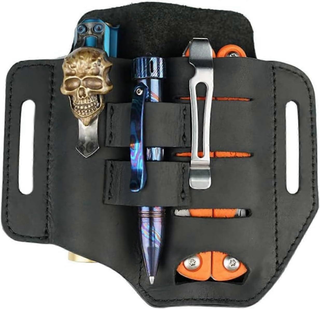 (Black) Leather EDC Bag Leather Sheath Organizer Tactical Leather Multi Tool Pouch Leather Flashlight Tool Pen Holder with Belt Loop