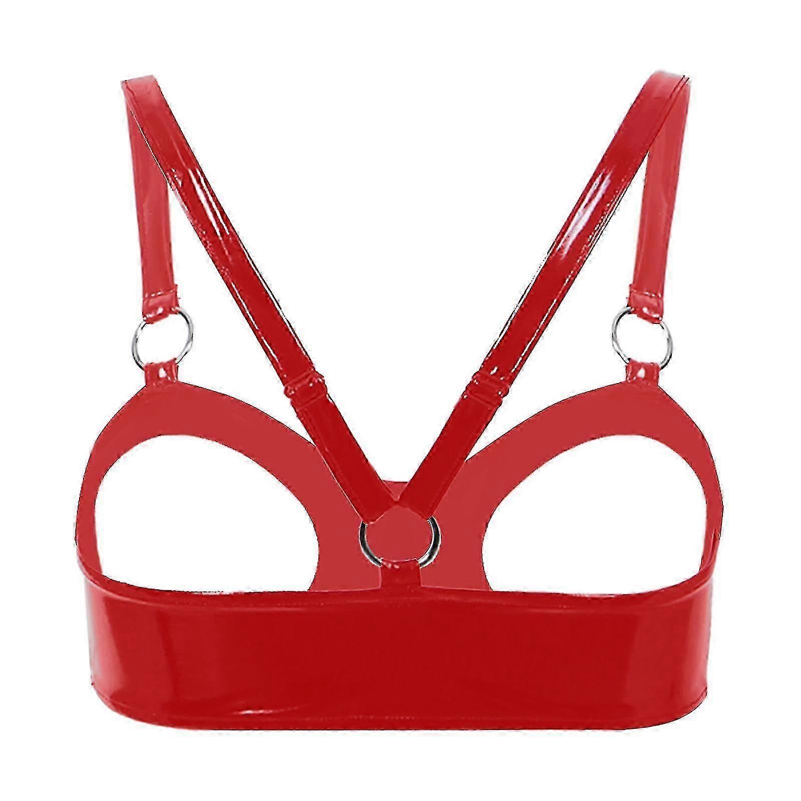 חזיית עור פטנט לנשים עם צווארון קולר, חזה פתוח, חזייה עם כוסות פתוחות, חלק עליון לחזייה ללא ברזלים, צווארון פתוח