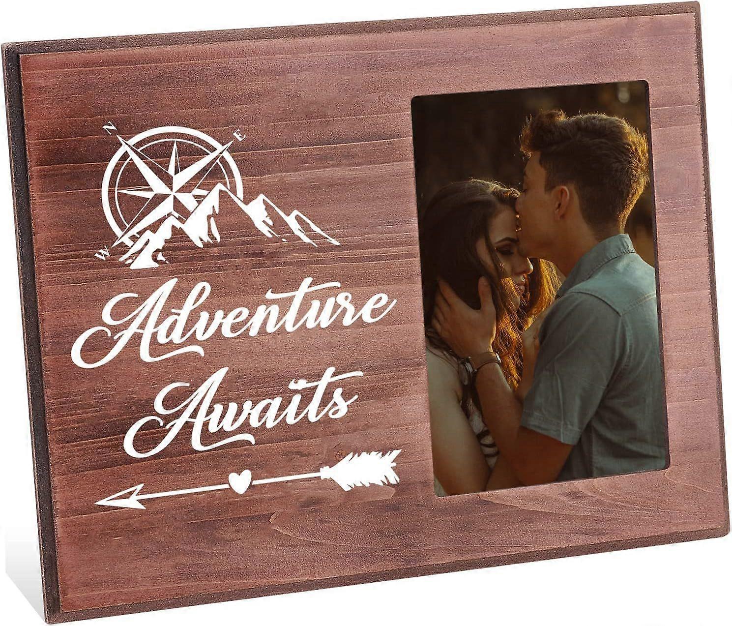 Adventure Awaits Picture Frame 4x6 inch Romantic Love Picture Frame with Compass & Snow Mountain Patterns Hanging/Tabletop Wooden Gifts Frame for Birt