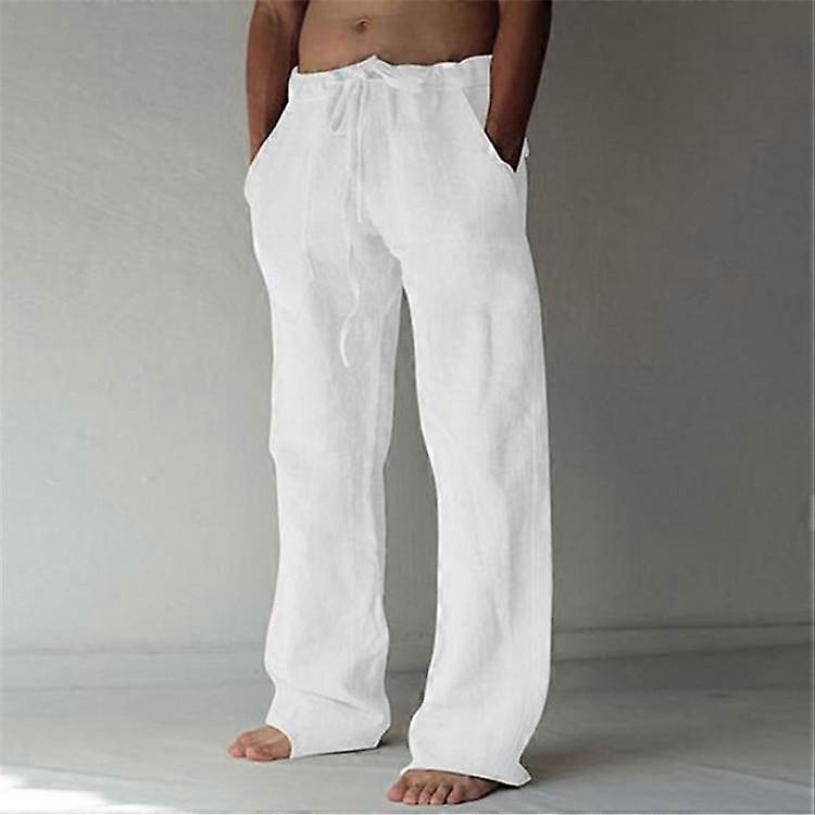 Men's trousers new men's solid colour cotton linen drawstring loose casual trousers