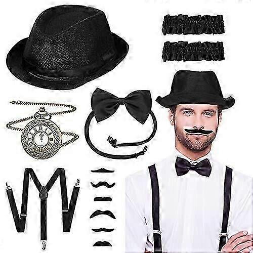 Brand New 1920 Mens Gatsby Costume Accessory Set With Panama Gangster Hat Beard
