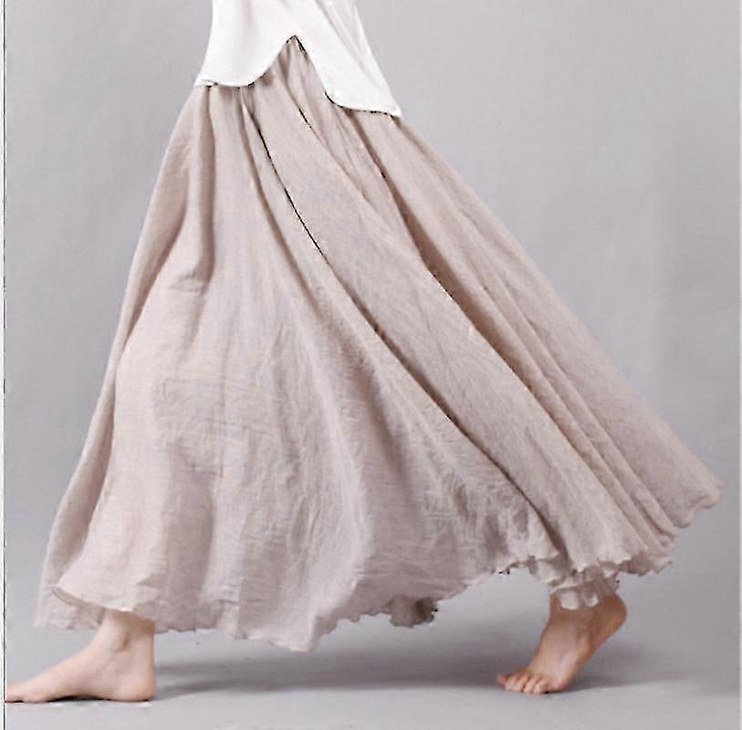 Elastic Waist Linen Skirt, Beige Solid Color Big Swing Style
