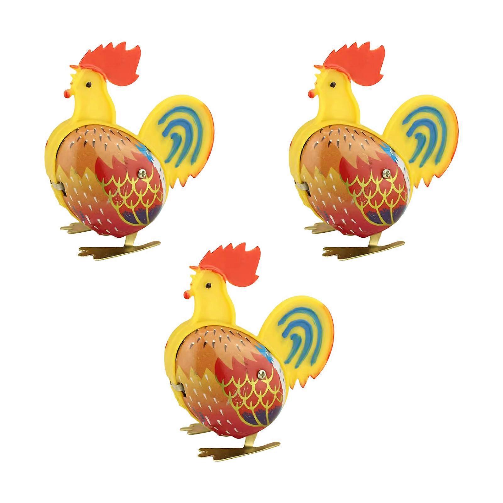 3Pieces Iron Rooster Toy with Bright Color and Clockworks Mechanisms Windup Chicken Tinplate Toy for Home Desk Decors