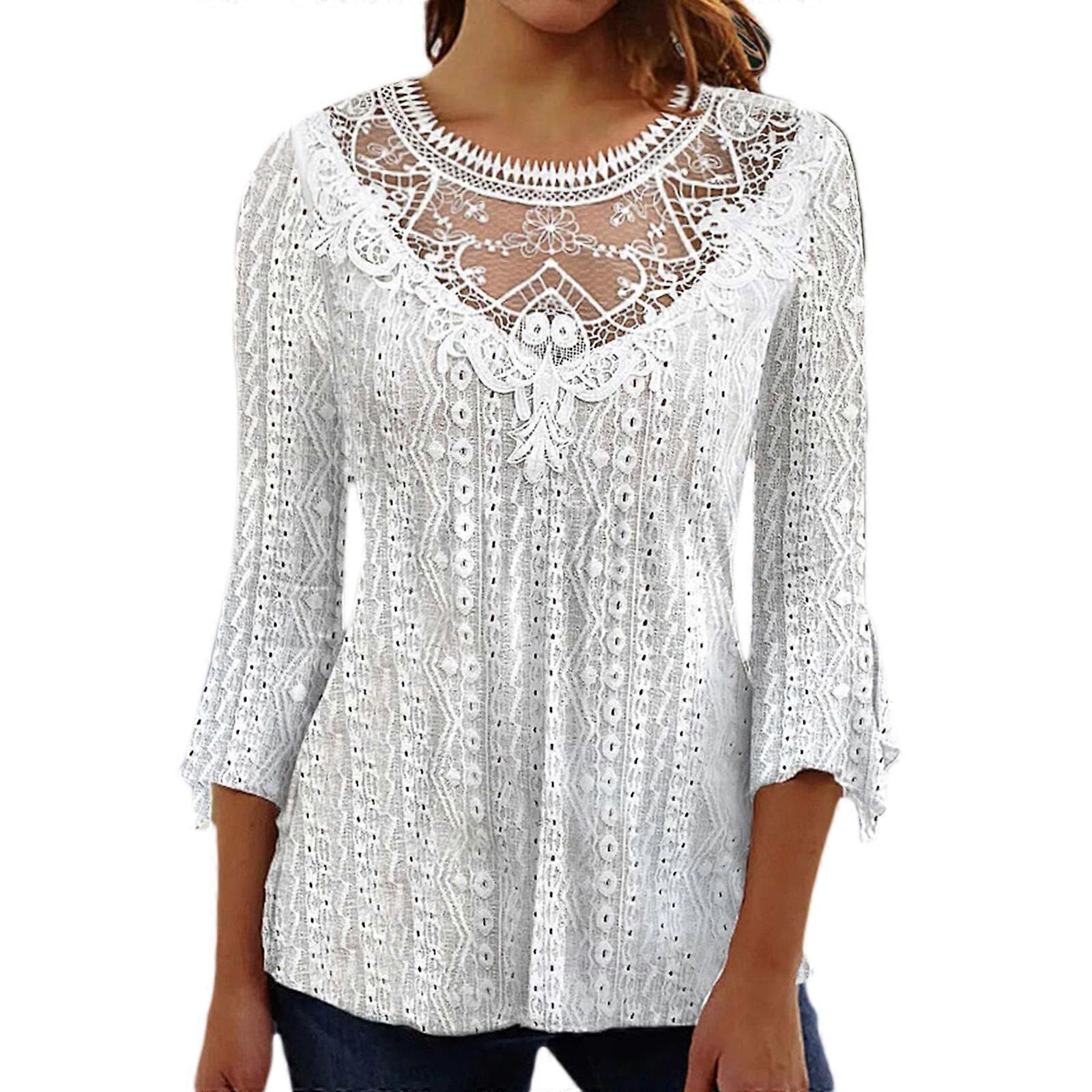 Stylish Hollow Out Lace 3/4 Sleeve Top for Women Summer Shirts Perfect for Parties and Dates  White XL