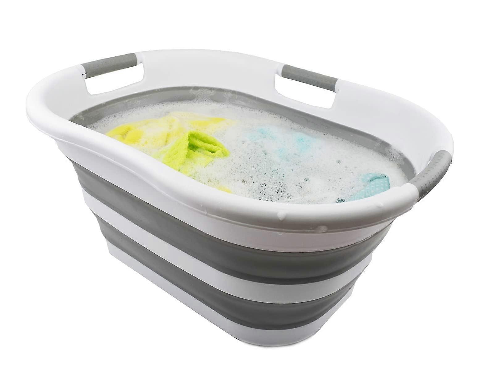 40L Collapsible Plastic Laundry Washing Tub - Foldable Portable Pop Up Hamper in White/Grey for Easy Storage and Travel