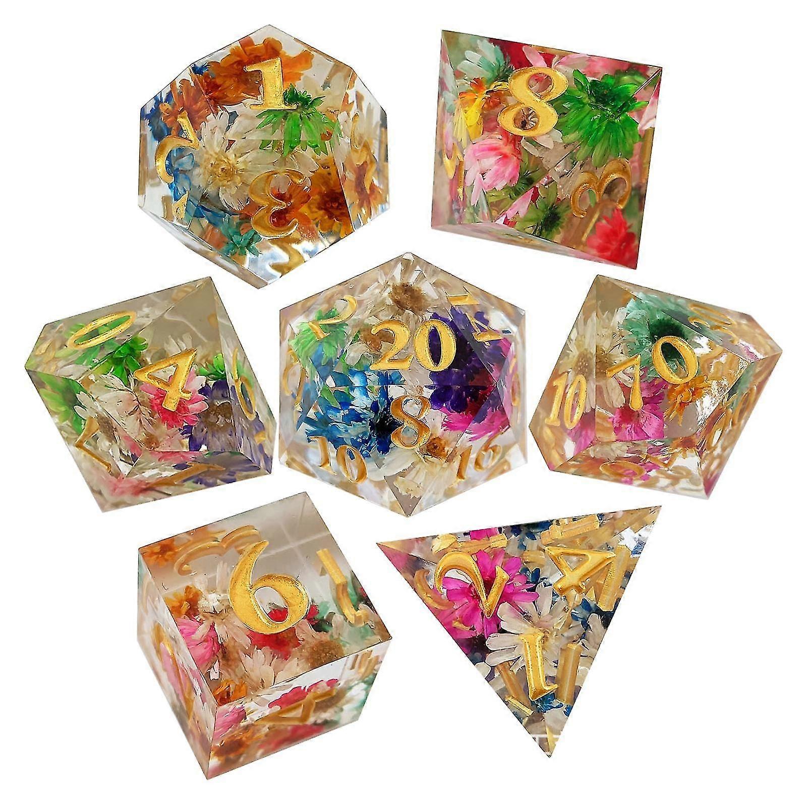 7x Polyhedral Dice Set Transparent Flower Engraved Game Dice for Parties