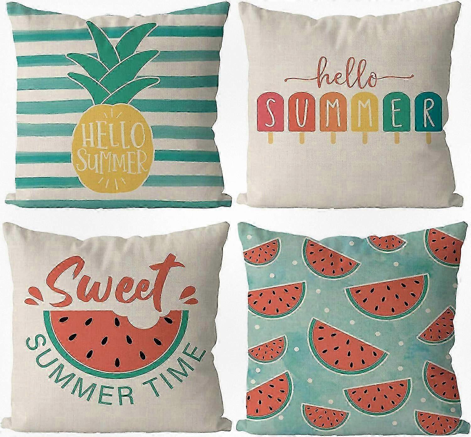 Summer Pillow Covers 18x18 Inch Set of 4 Tropical Fruit and Ice Pop Design Cushion Cases Cool Summer Decorative Throw Pillows for Sofa and C