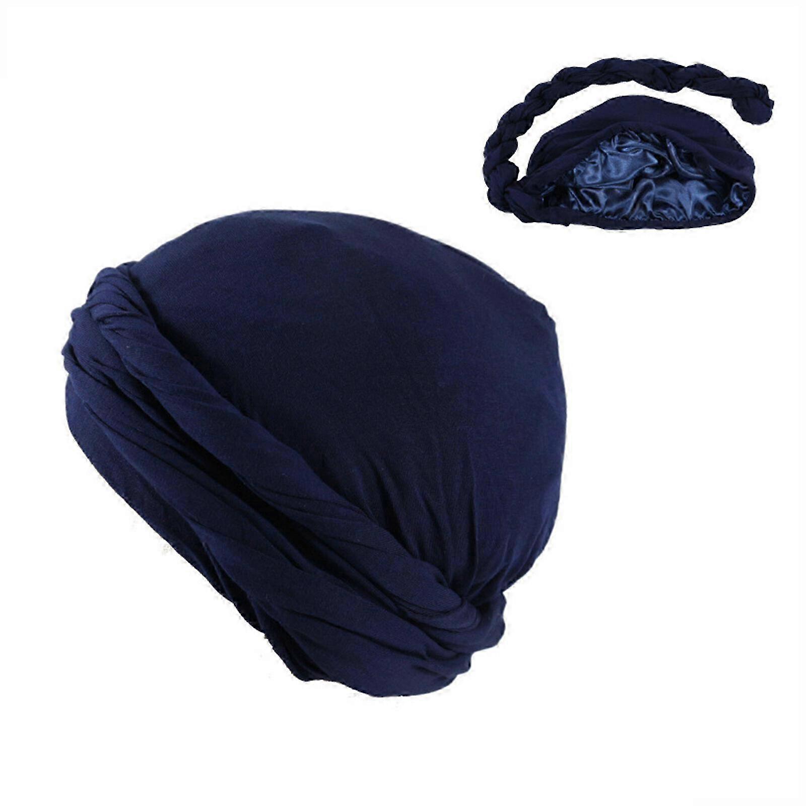 Avvolgere la testa del turbante twist da uomo vintage - sciarpa in raso modale elasticizzato - blu scuro