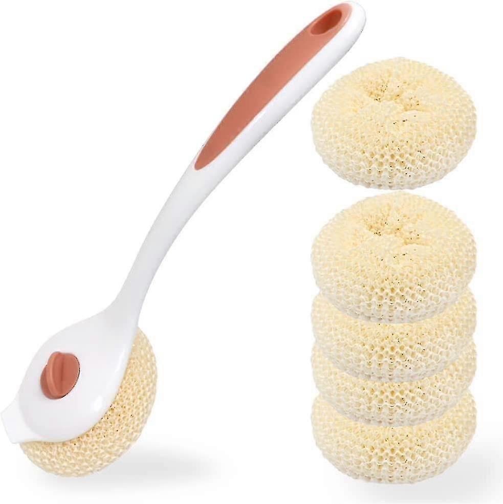 Long Handle Dish Scrubber with 5 Replacement Heads (Pink)
