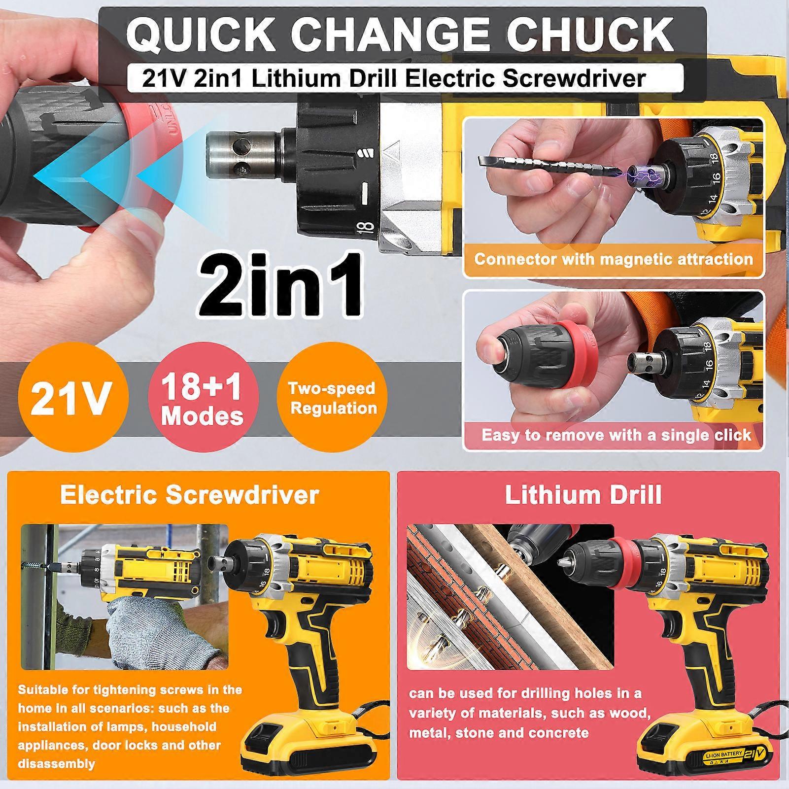 21V 2in1 Lithium Drill Electric Screwdriver Multi-function Power Tool High Torque Brushed Motor Practical Screw Driver for Home Appliances Furniture 