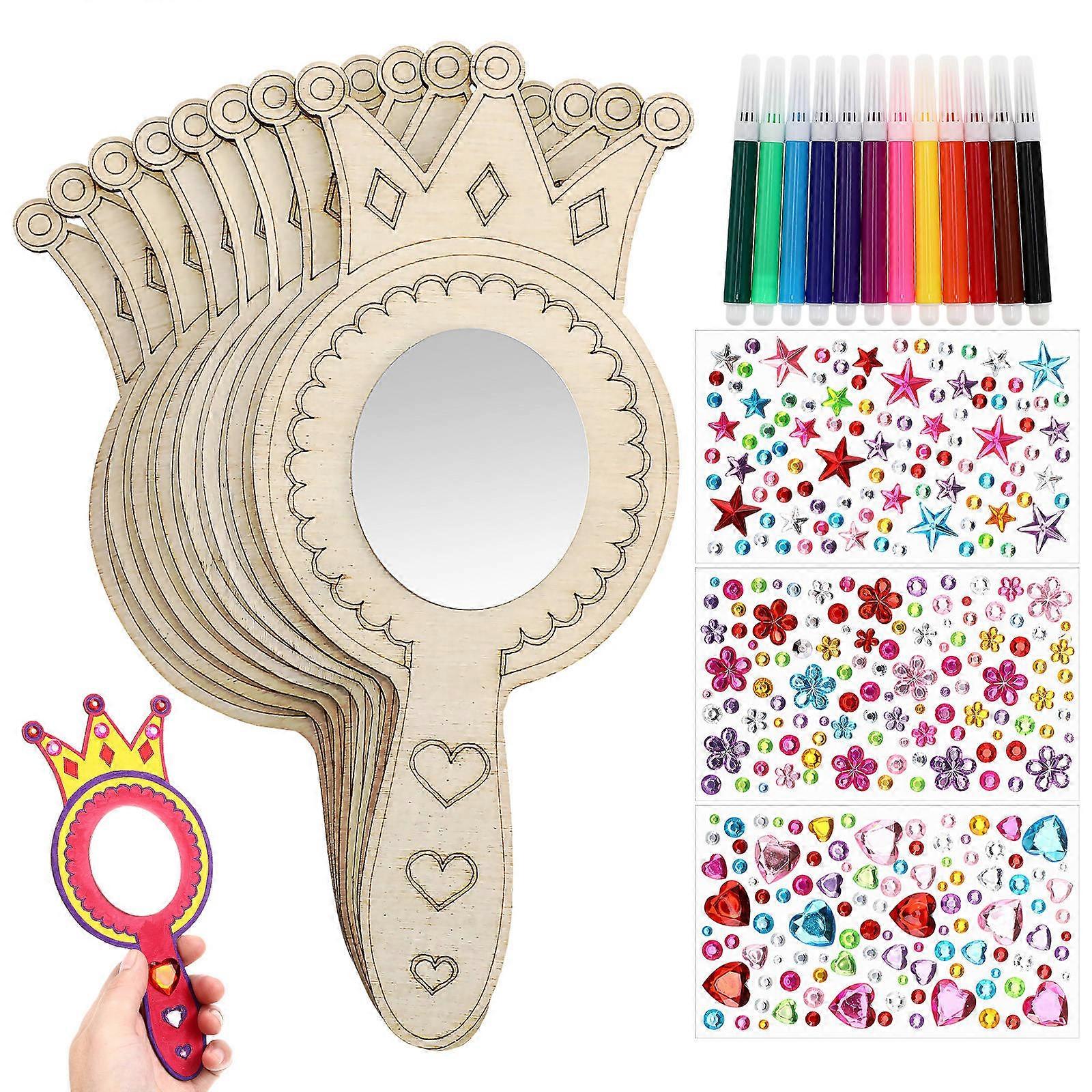 Wooden Handheld Mirror Craft Kit with Princess Mirrors, Watercolor Pens, Rhinestone Stickers for Creative Party Favors & Educational Art Projects