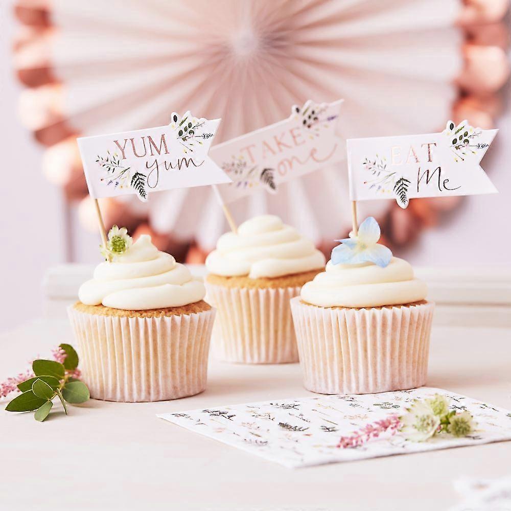 Floral Cupcake Toppers Picks | Tea Party Rose Gold Birthday Cake Decorations x12