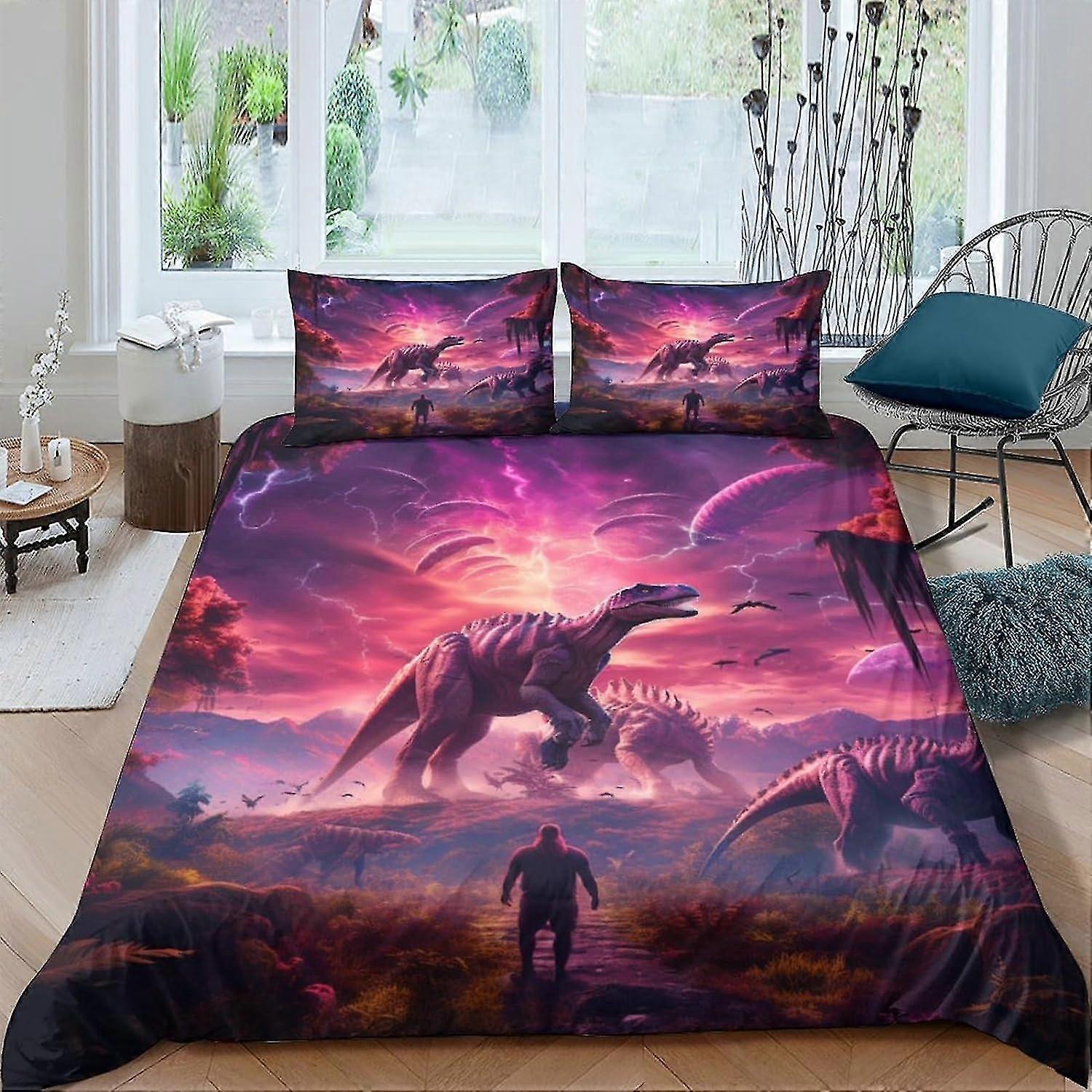 Dinosaur World Duvet Set Bedding, 3 Piece Set Duvet Cover Easy Care, Reptile Quilt Cover Pillow Cases with Zipper Closure Soft Microfiber