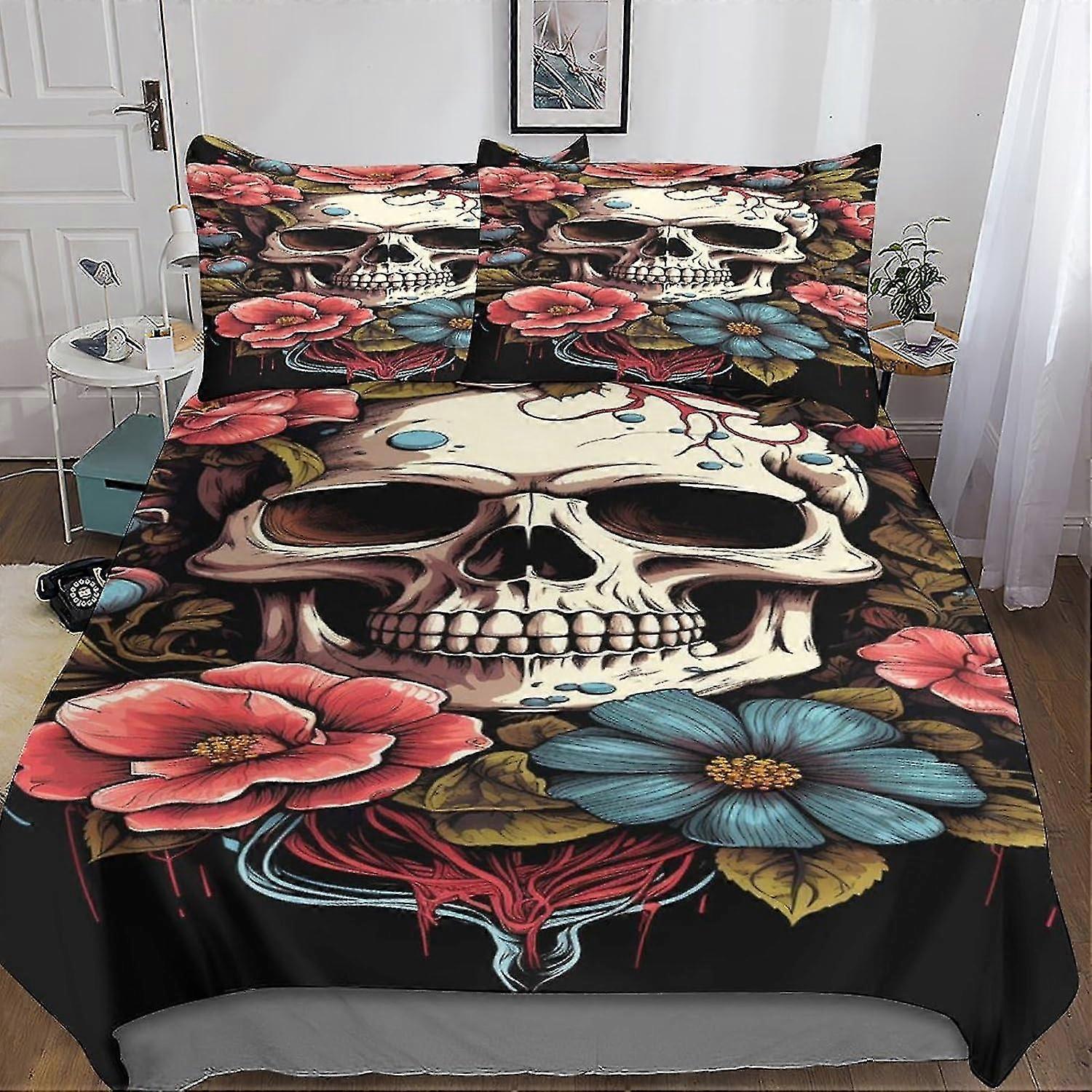 Conjunto de Cama de Microfibra com Capa de Edredom de Caveira Gótica, Impressão 3D Capa de Colcha e Fronha de Caveira Criativa, Com Fecho de Zíper, Macio para Homens e Mulheres