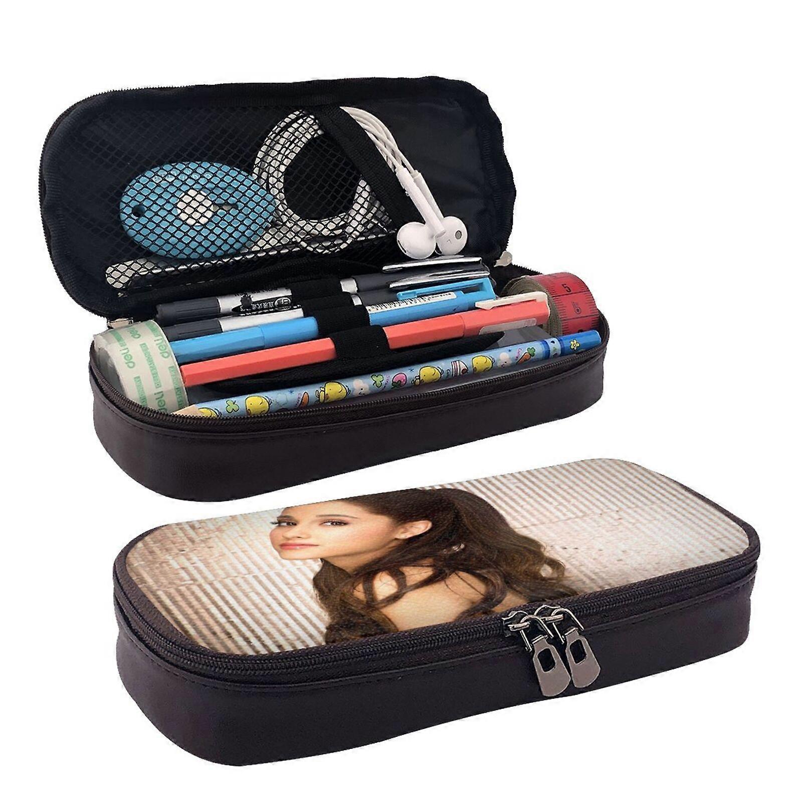 v1569 ariana grande Pencil Case Durable Brown Leather Zip Case for Stationery Protection b1569