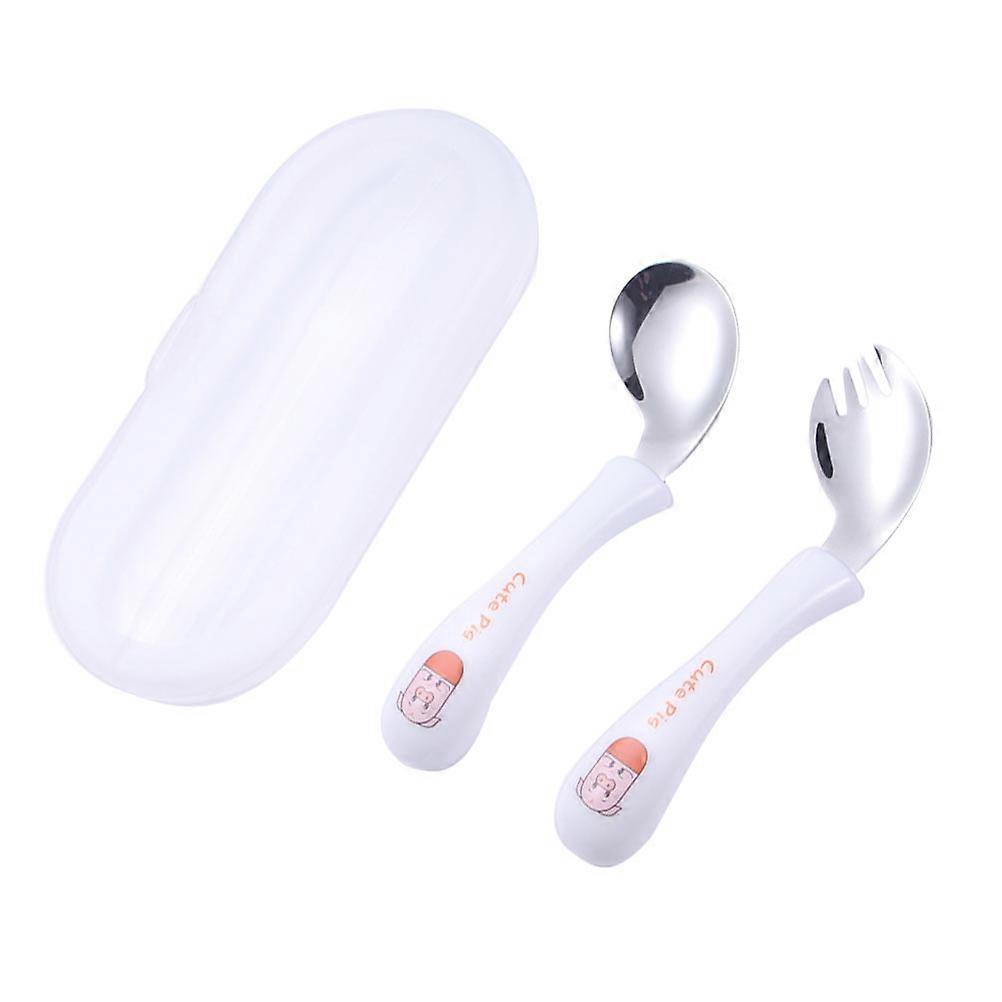 Cartoon Cutlery for Baby Feeding with ABS Material and Passivated Edges White Spoon Fork Kit Includes Storage Box 1 Set
