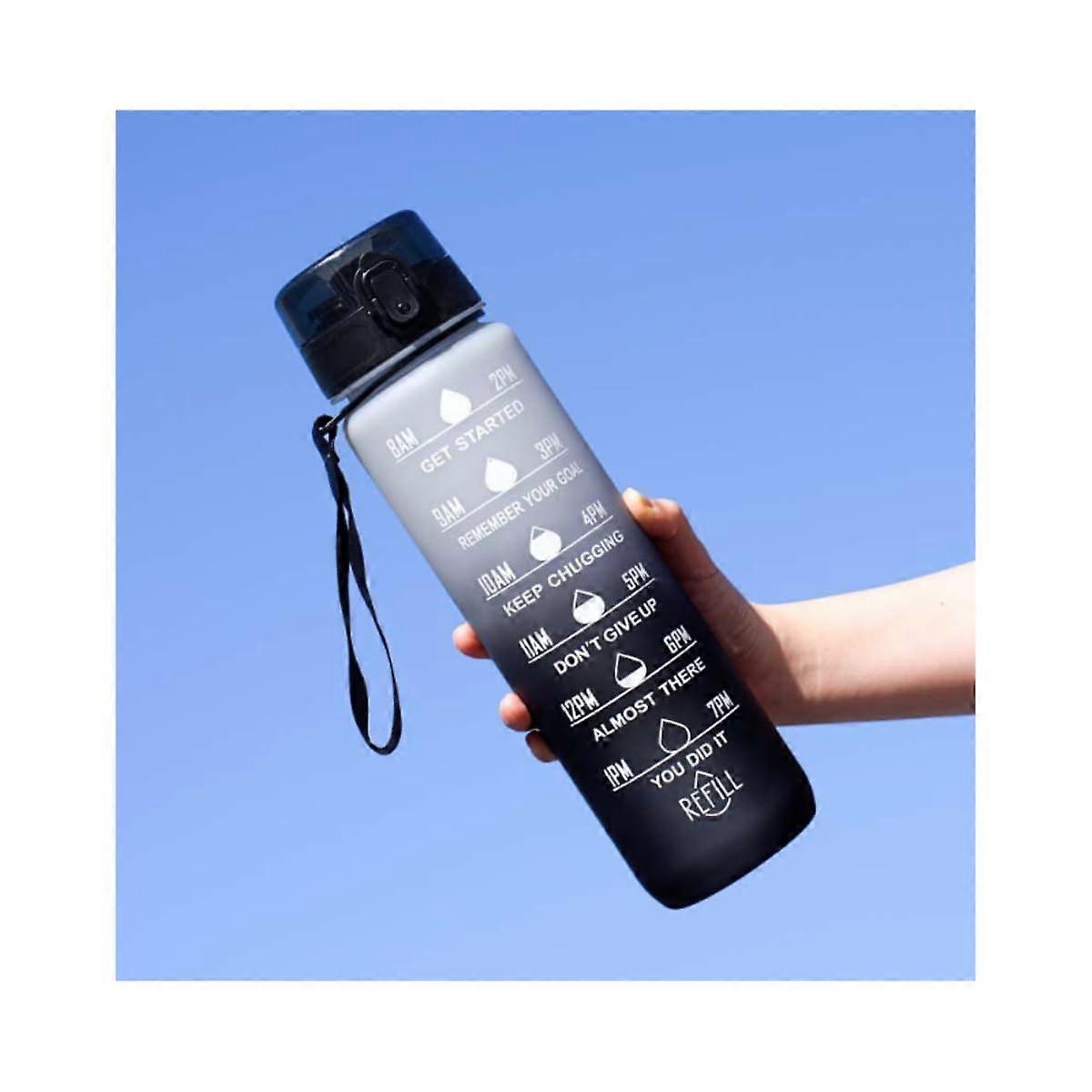 XL Water Bottle 1000 ml LeakProof with Time Marking  Sports Bottle with Carry Strap  Black/White