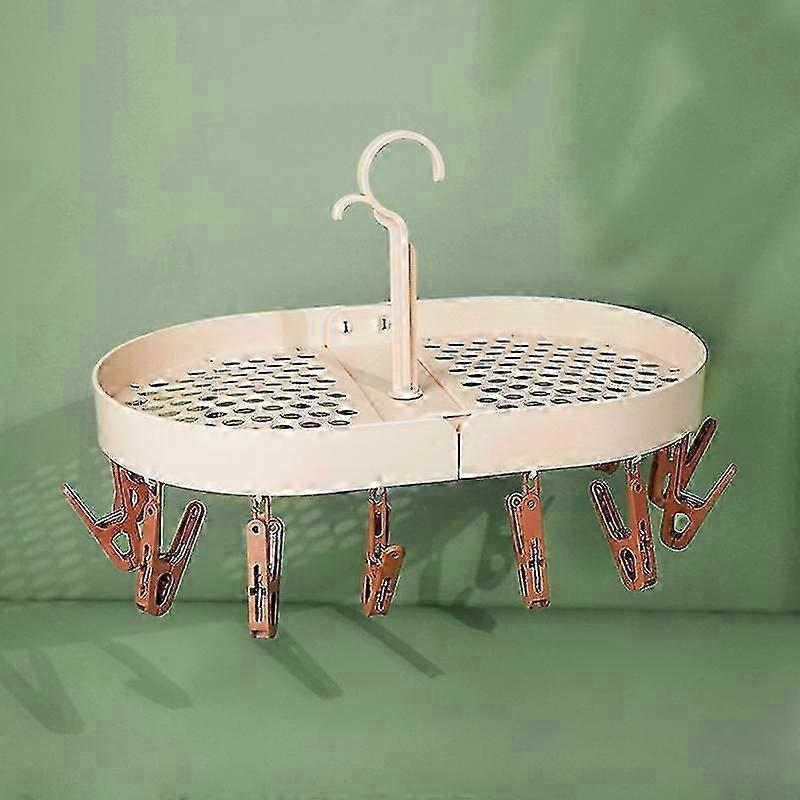 Foldable Sock Drying Rack with 14 Clips, Rotating Hook (Pink)