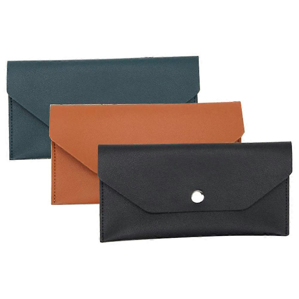 Outdoor PU Envelope Wallet Portable Button Card Holder Travel Stylish Practical Card Pouch Cash Organizer Black Brown Green 3PCS Set