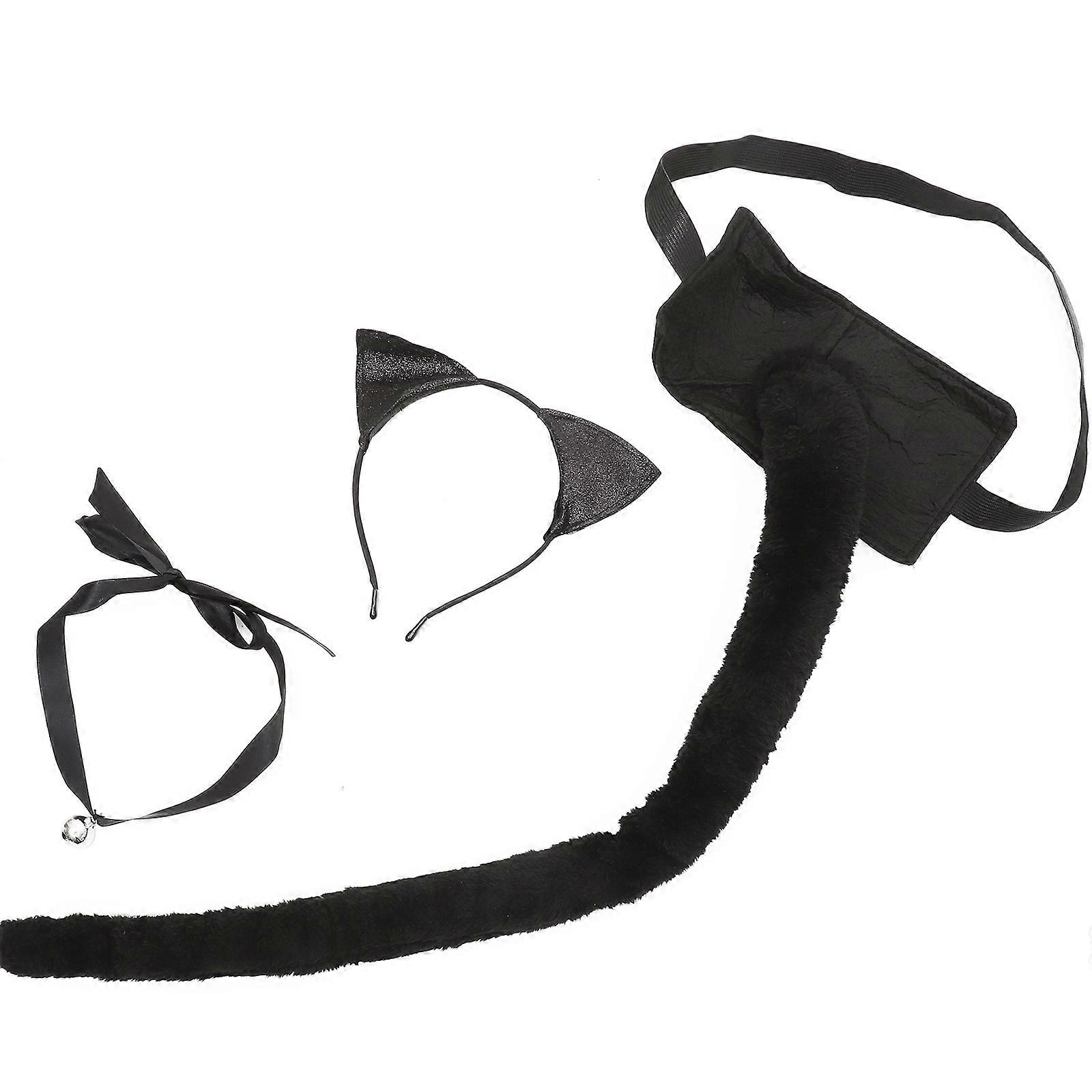 Cat Ears Headband Set with Plush Tail & Silver Bell Choker – Festival, Halloween, Cosplay, Masquerade & Party Costume Accessory – Durable &