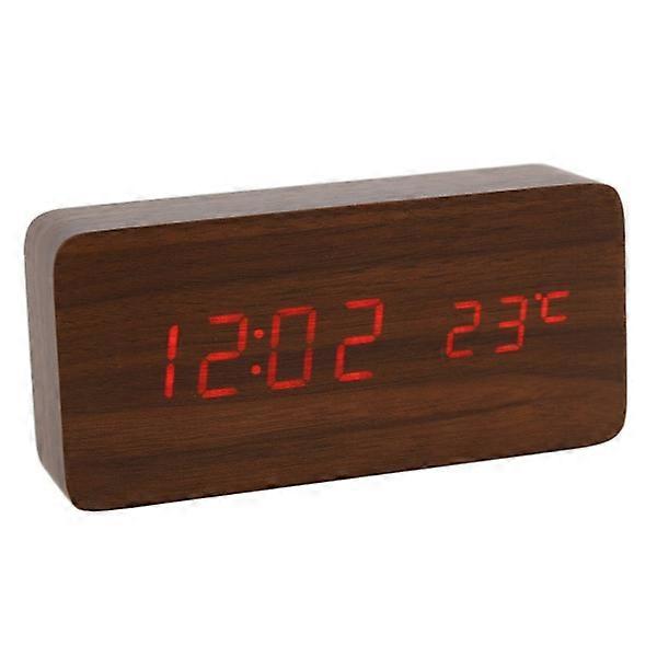 Digital LED Alarm Clock in Wood Design - / Red brown
