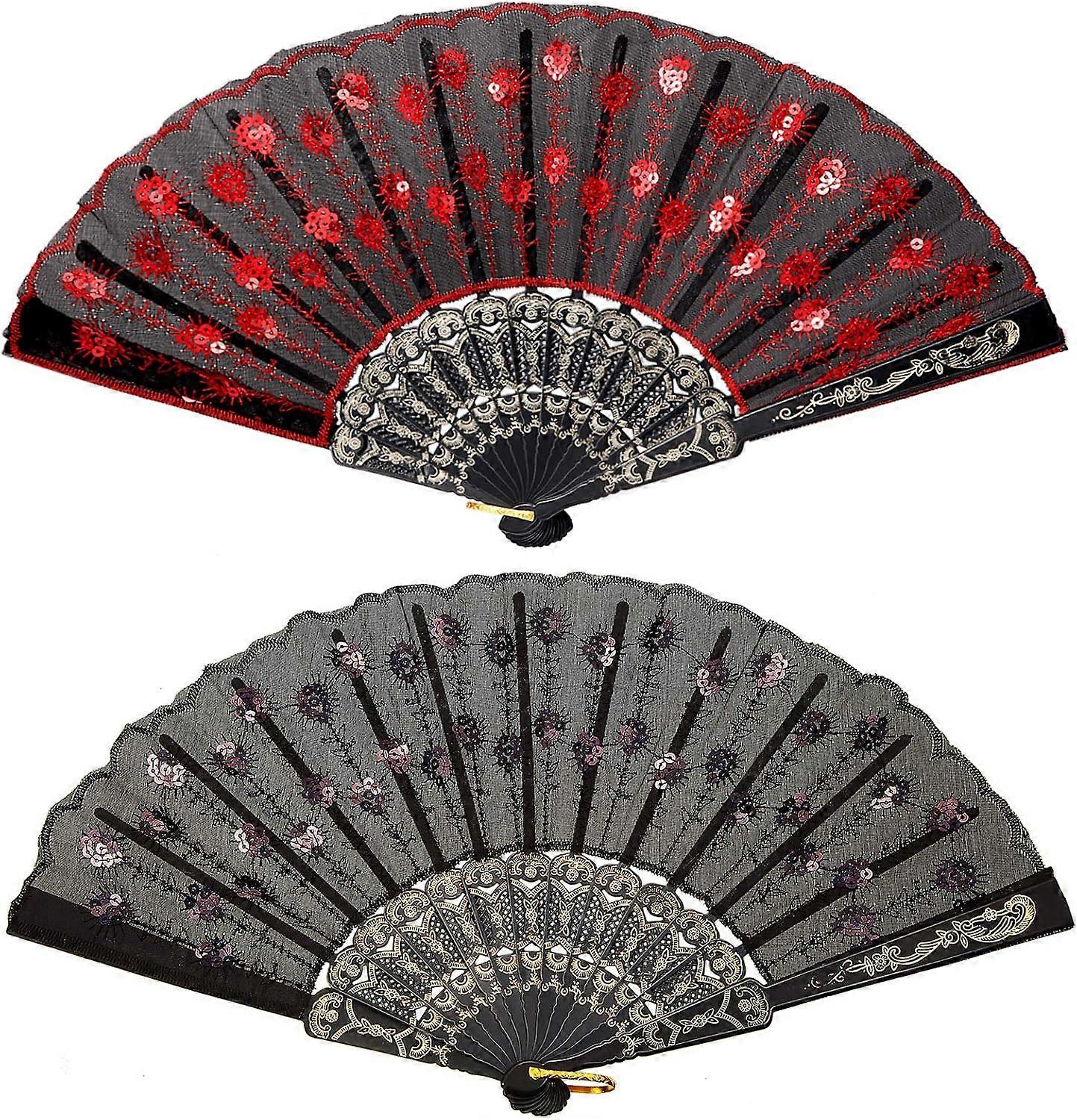 2 Pieces Handheld Folding Fans Sequin Fabric Folding Lace Fabric Carnival Fans for Line Dance Flamenco Spanish 1920s Costume Decoration (Red, Black)