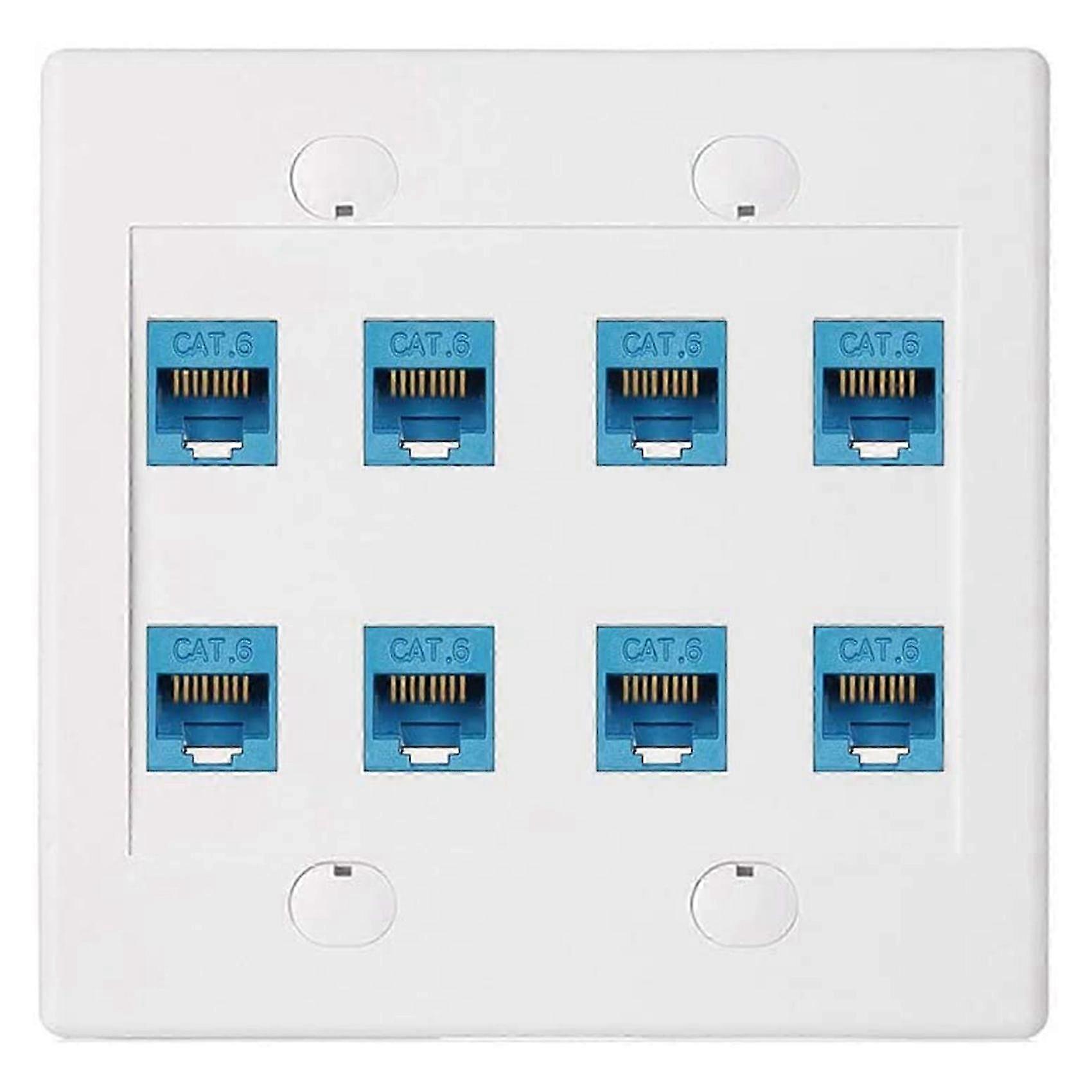 Ethernet Wall Plate 8 Port - Double Gang Cat6 RJ45 Jack Network Cable Faceplate Female to Female - Blue