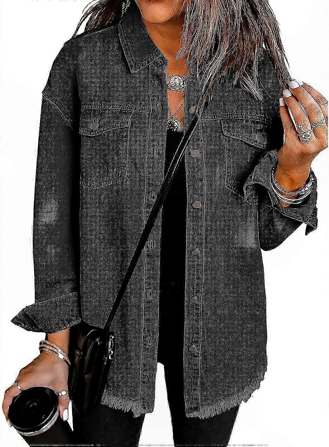 Women's Long Sleeve Denim Jacket with Oversized Fit Frayed Hem and Button Up Design