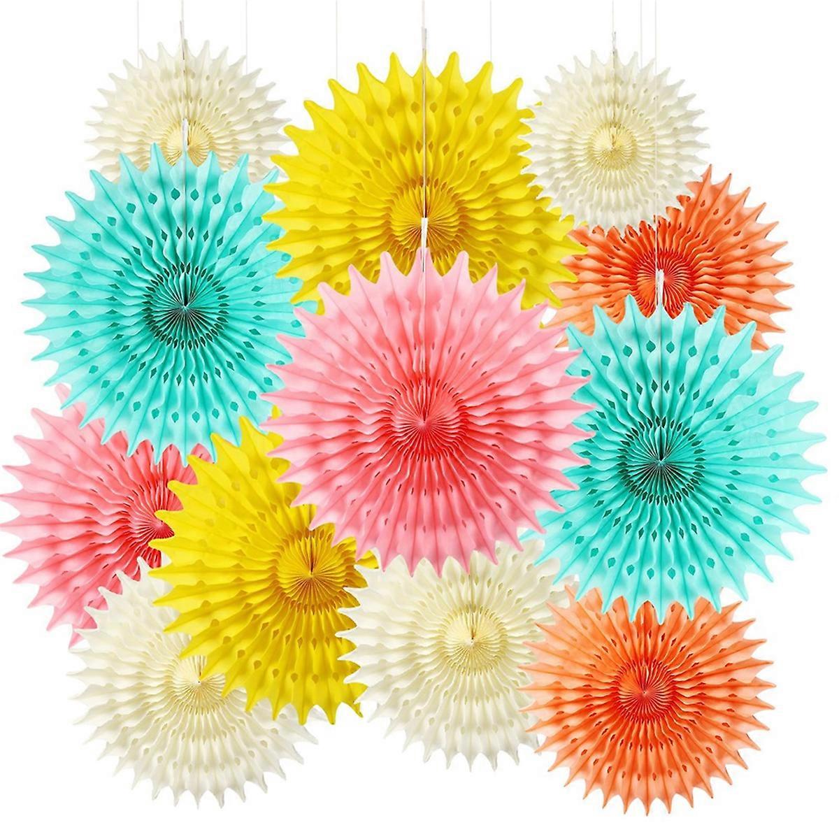 12Pack Colourful Paper Fan Set, Green, Yellow, Peach Paper Fan