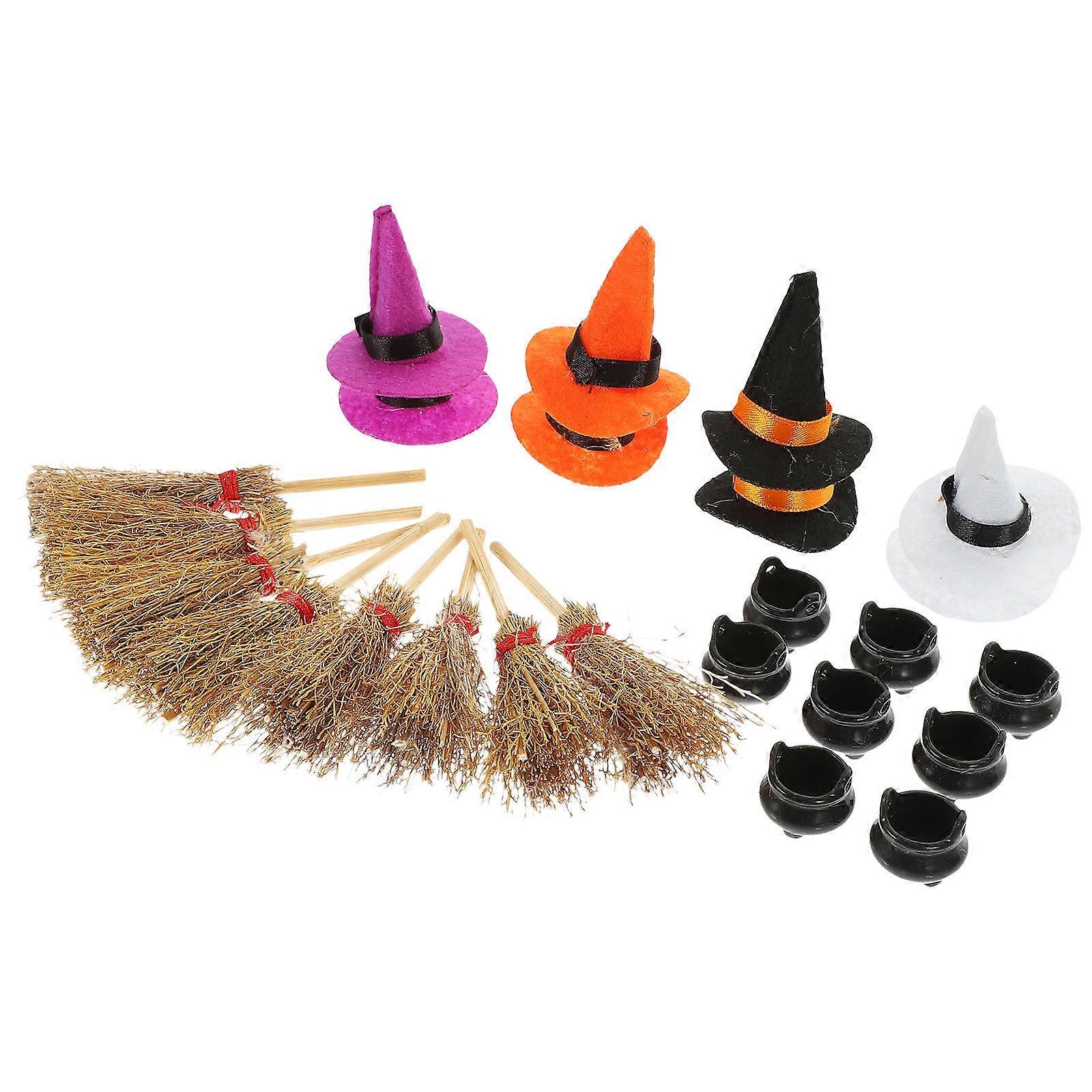 Mini Cauldron and Witch Broom Set for Halloween Decorations 3Sets