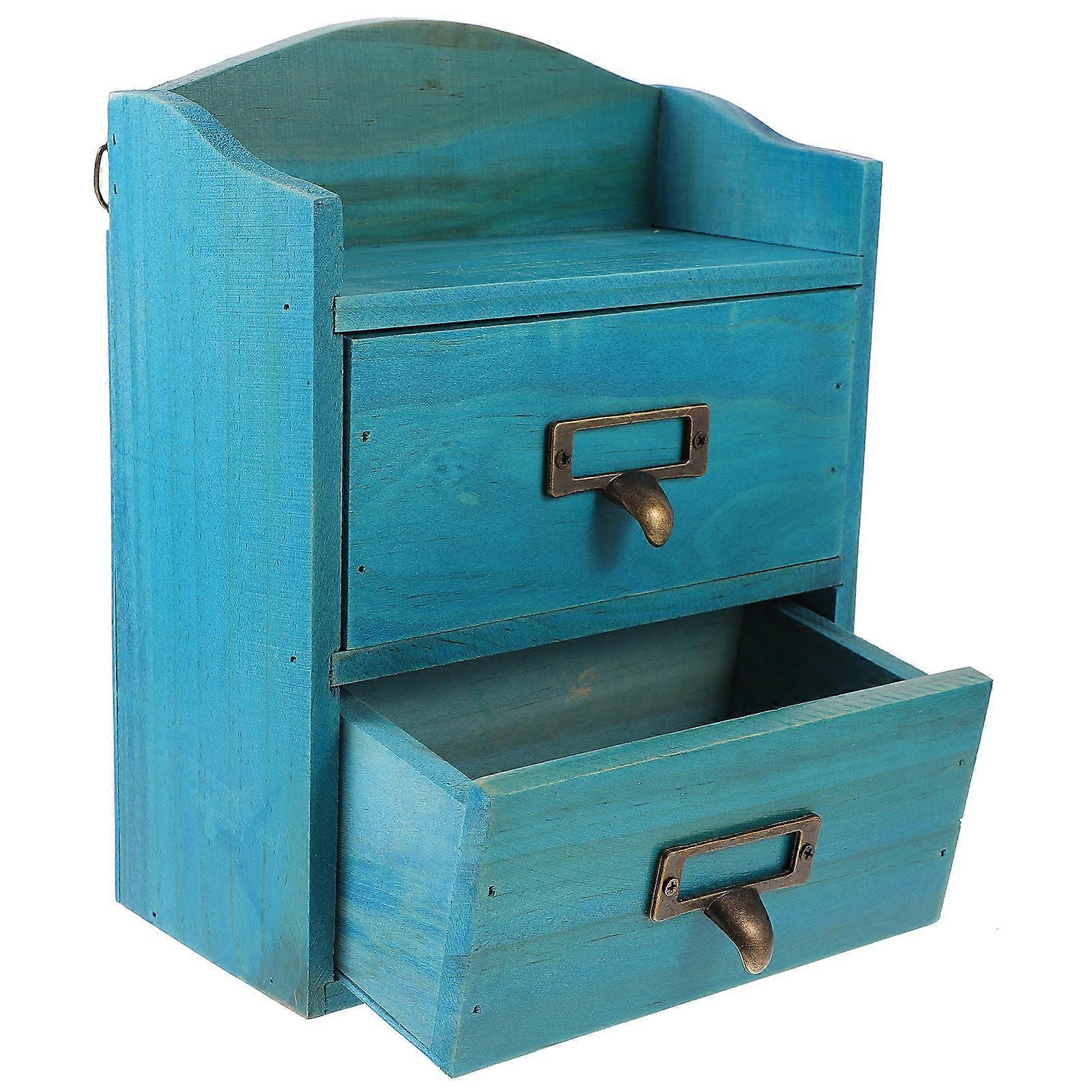 Sky-Blue Desk Organizer Drawer for Storage Use Wooden Small Box