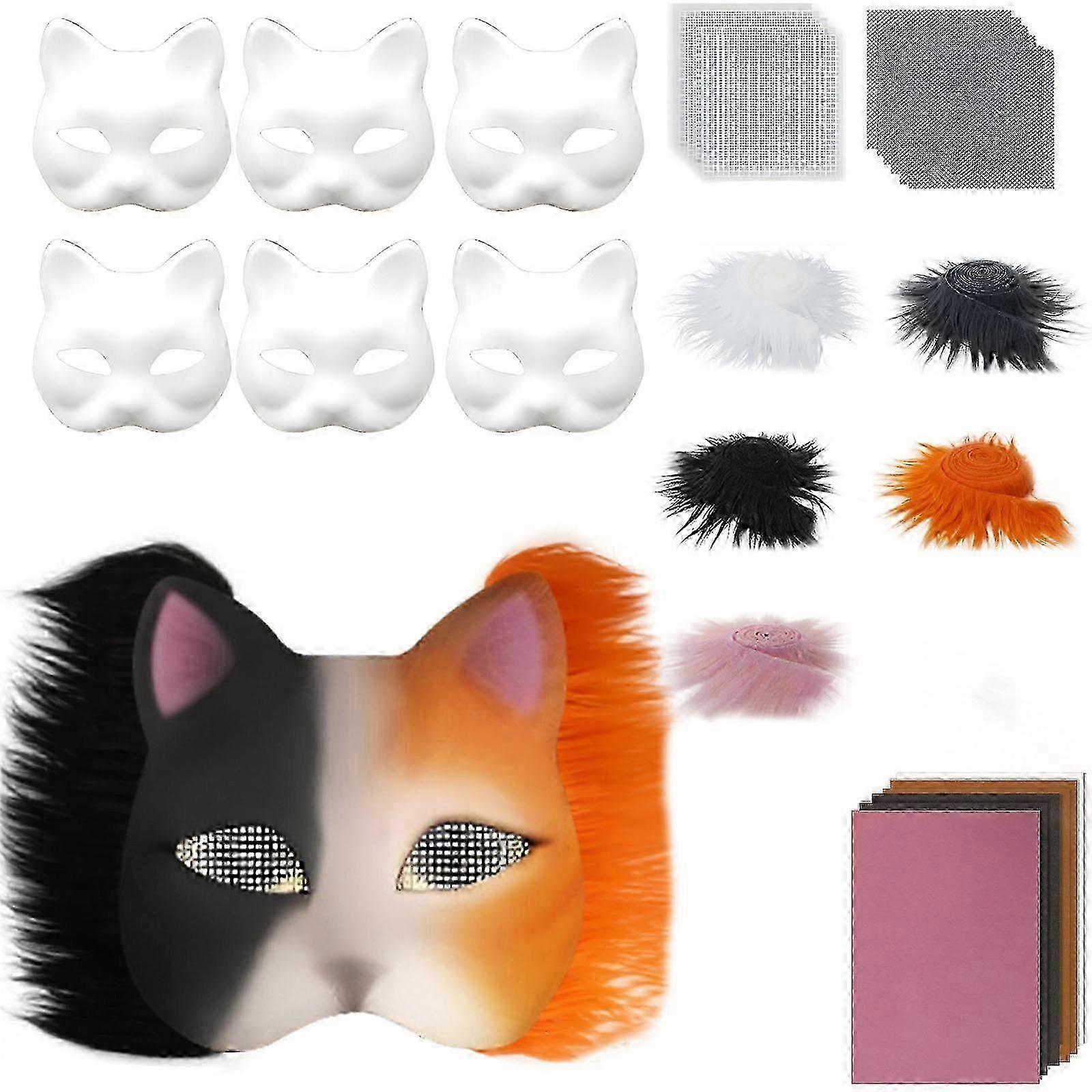 TheriansマスクセットDIY毛皮のような動物マスクハロウィンコスプレ用-毛皮付きキツネ猫マスク、アイメッシュ、フェルトシート